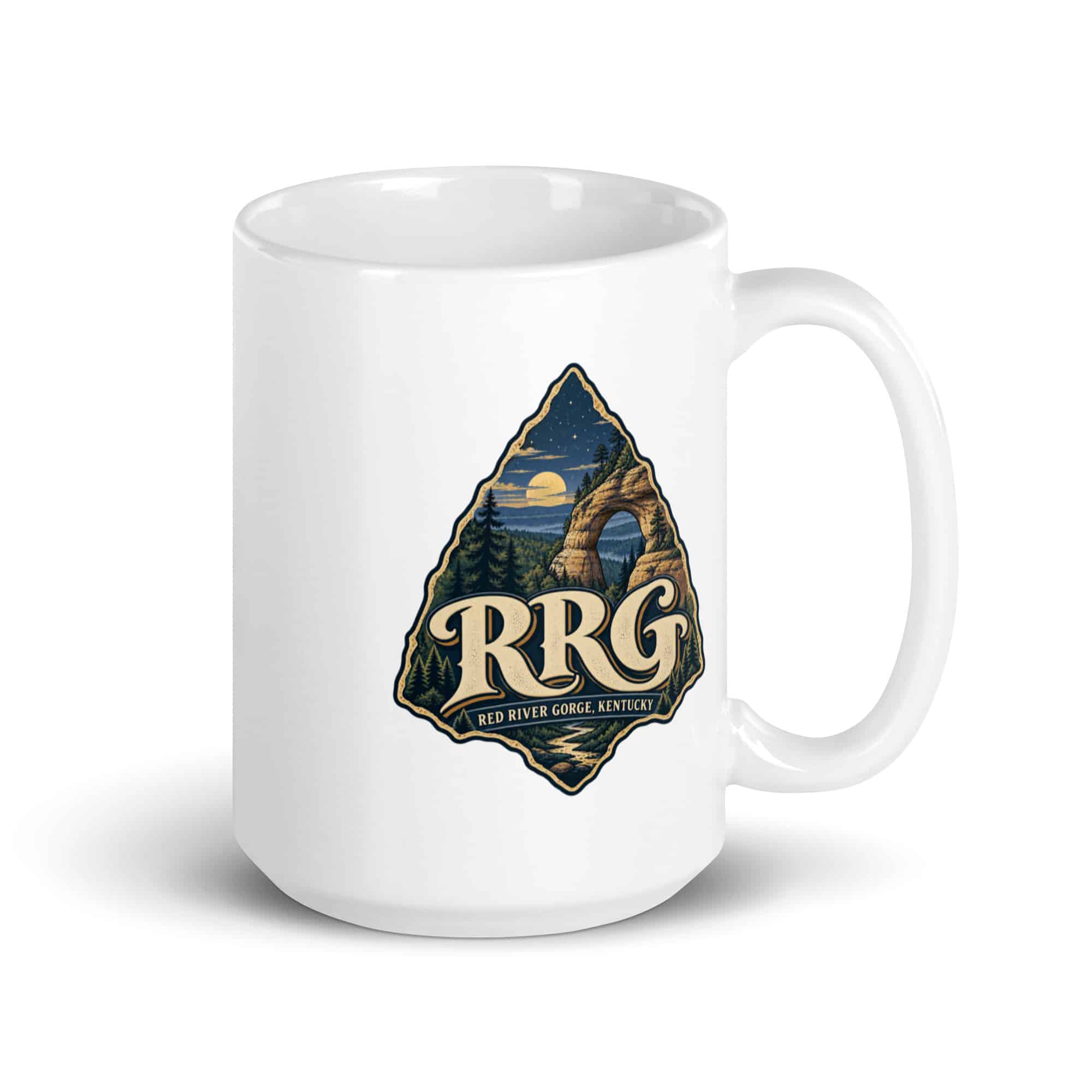 Red River Gorge White Ceramic Coffee Mug: RRG, Woodland Scenic Lettering
