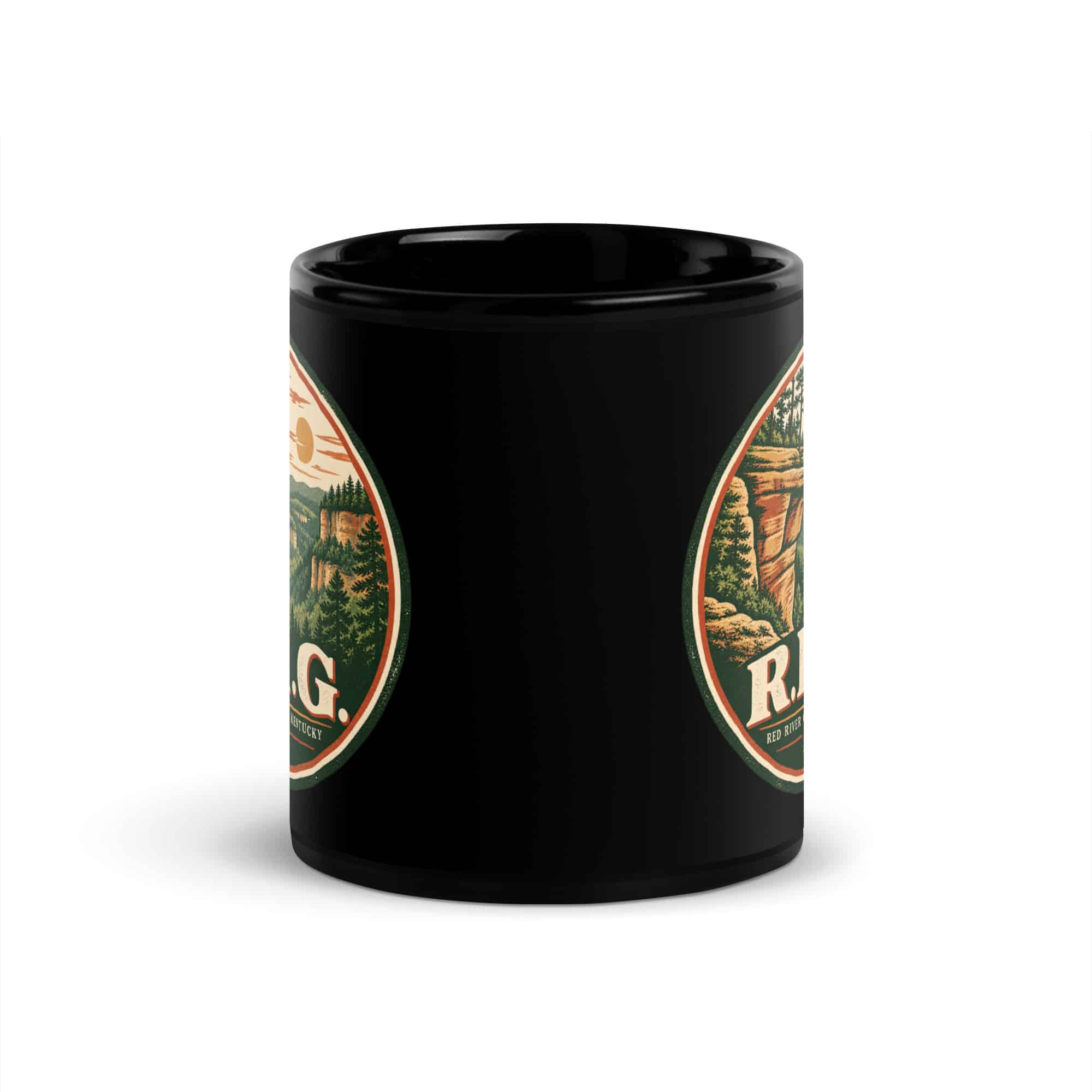 Red River Gorge Black Coffee Mug: R.R.G, Vintage Round Badge
