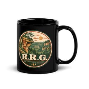 Red River Gorge Black Coffee Mug: R.R.G, Vintage Round Badge - 11 oz - Handle on Right