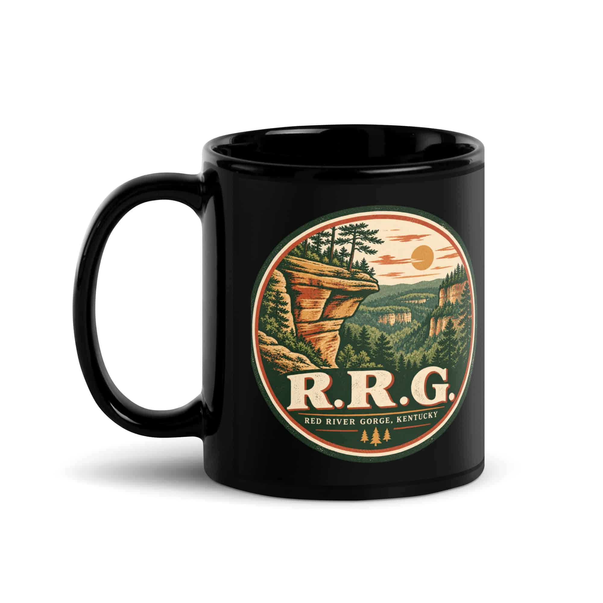Red River Gorge Black Coffee Mug: R.R.G, Vintage Round Badge