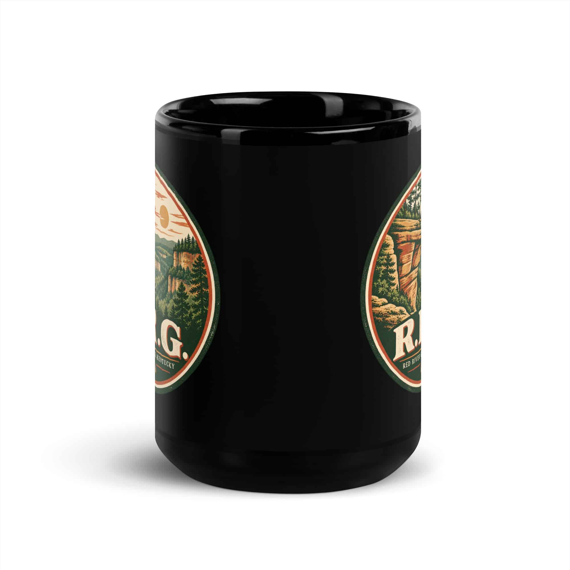 Red River Gorge Black Coffee Mug: R.R.G, Vintage Round Badge