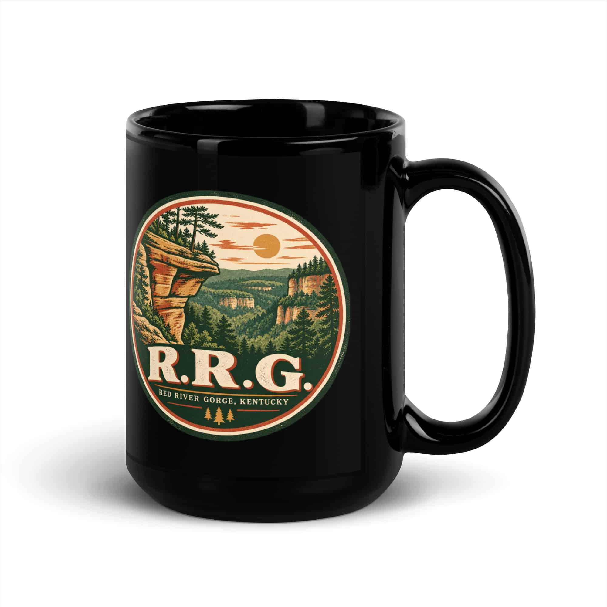 Red River Gorge Black Coffee Mug: R.R.G, Vintage Round Badge