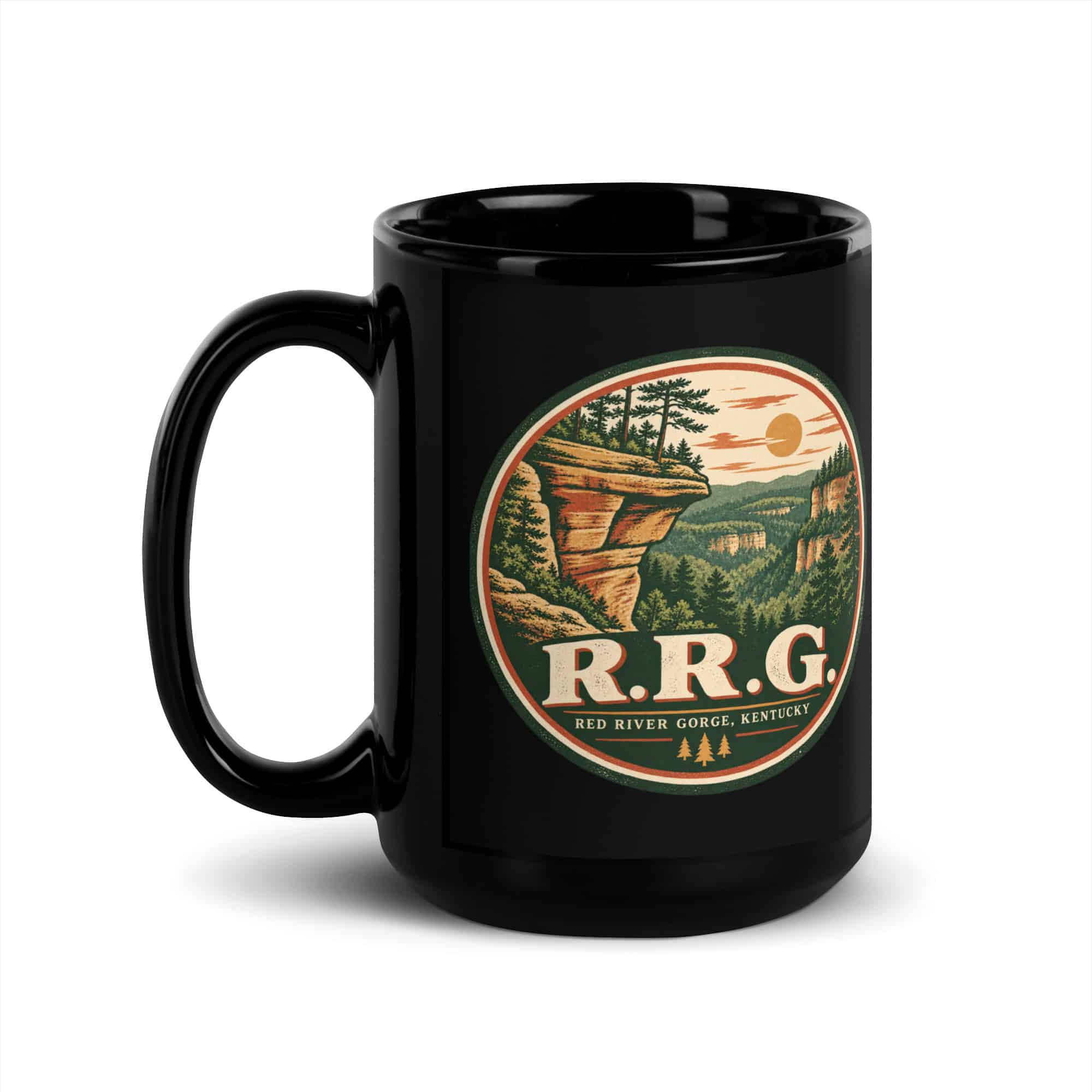 Red River Gorge Black Coffee Mug: R.R.G, Vintage Round Badge