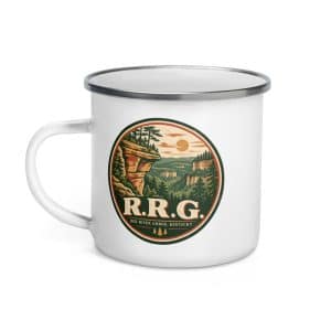 Red River Gorge Enamel Camp Mug: R.R.G, Vintage Round Badge - 12 oz - Left