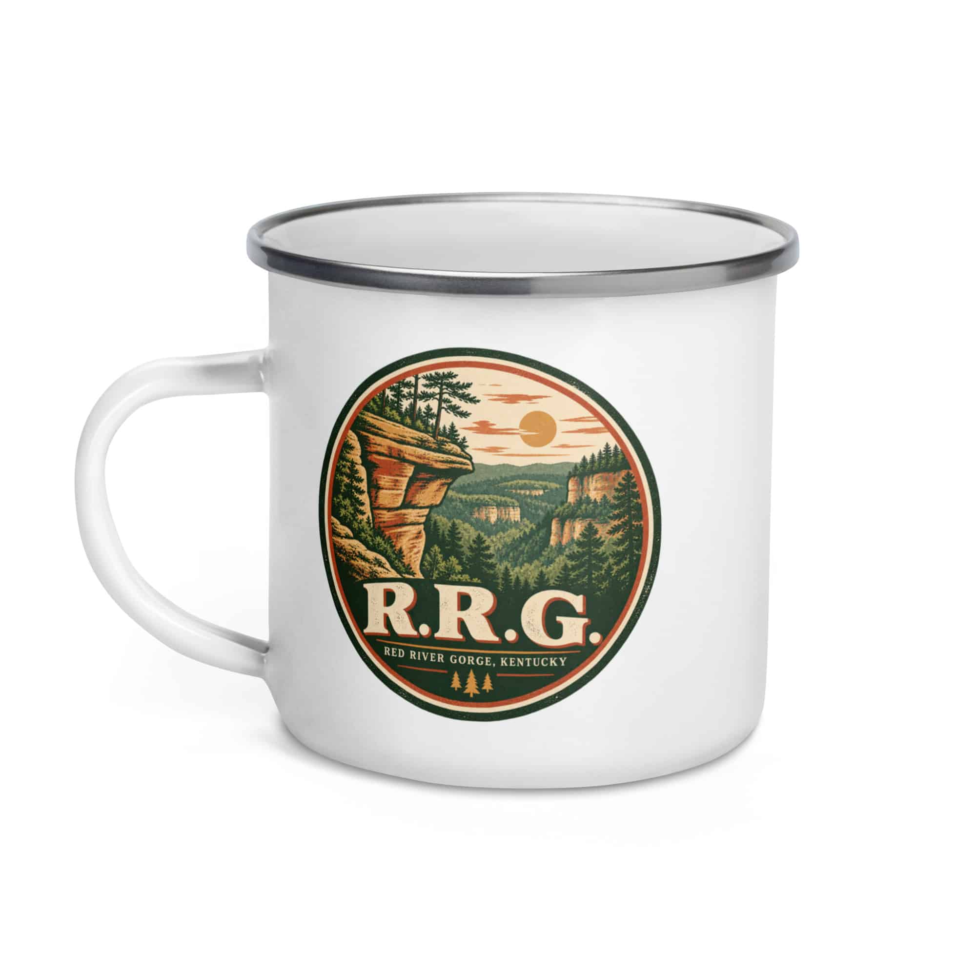 Red River Gorge Enamel Camp Mug: R.R.G, Vintage Round Badge