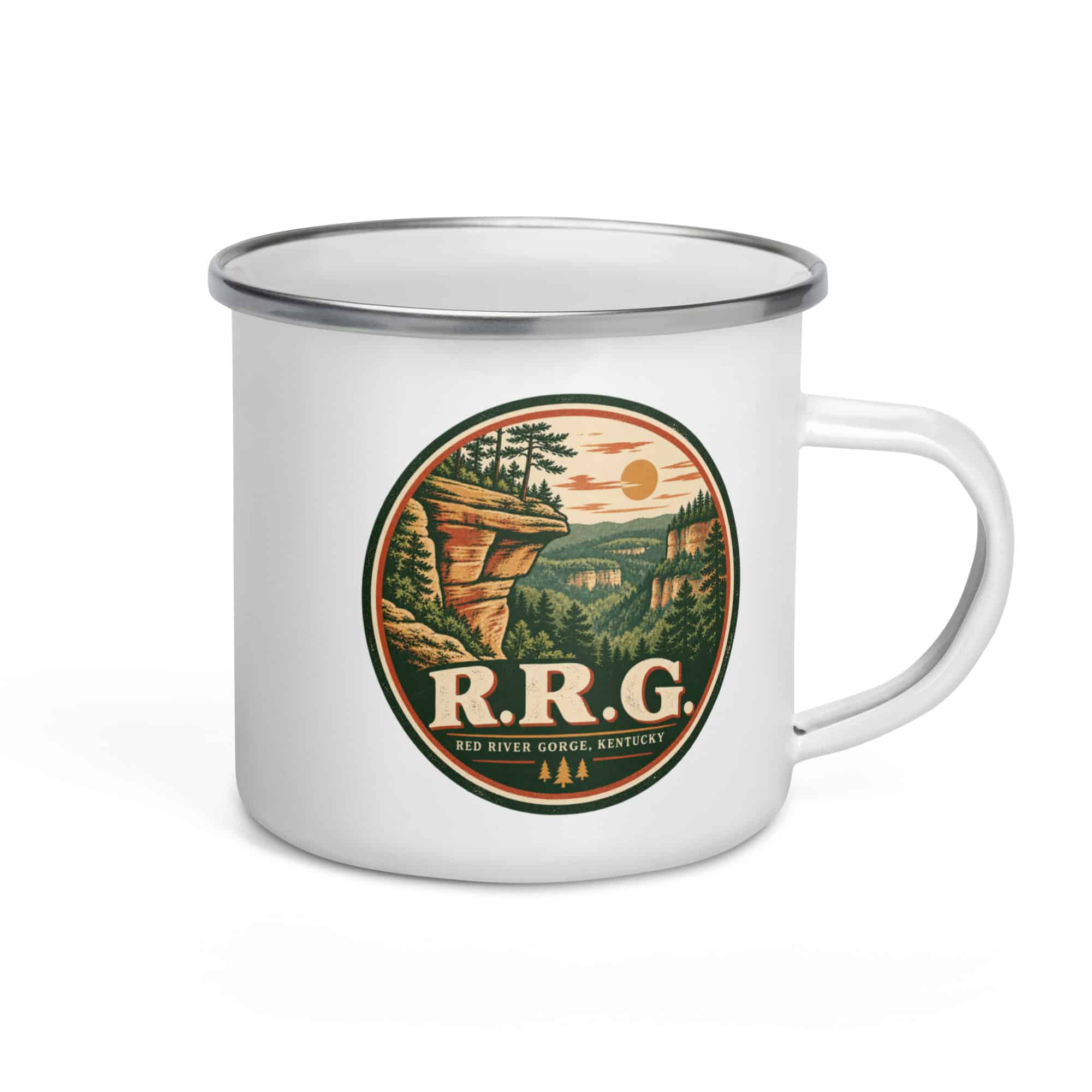 Red River Gorge Enamel Camp Mug: R.R.G, Vintage Round Badge