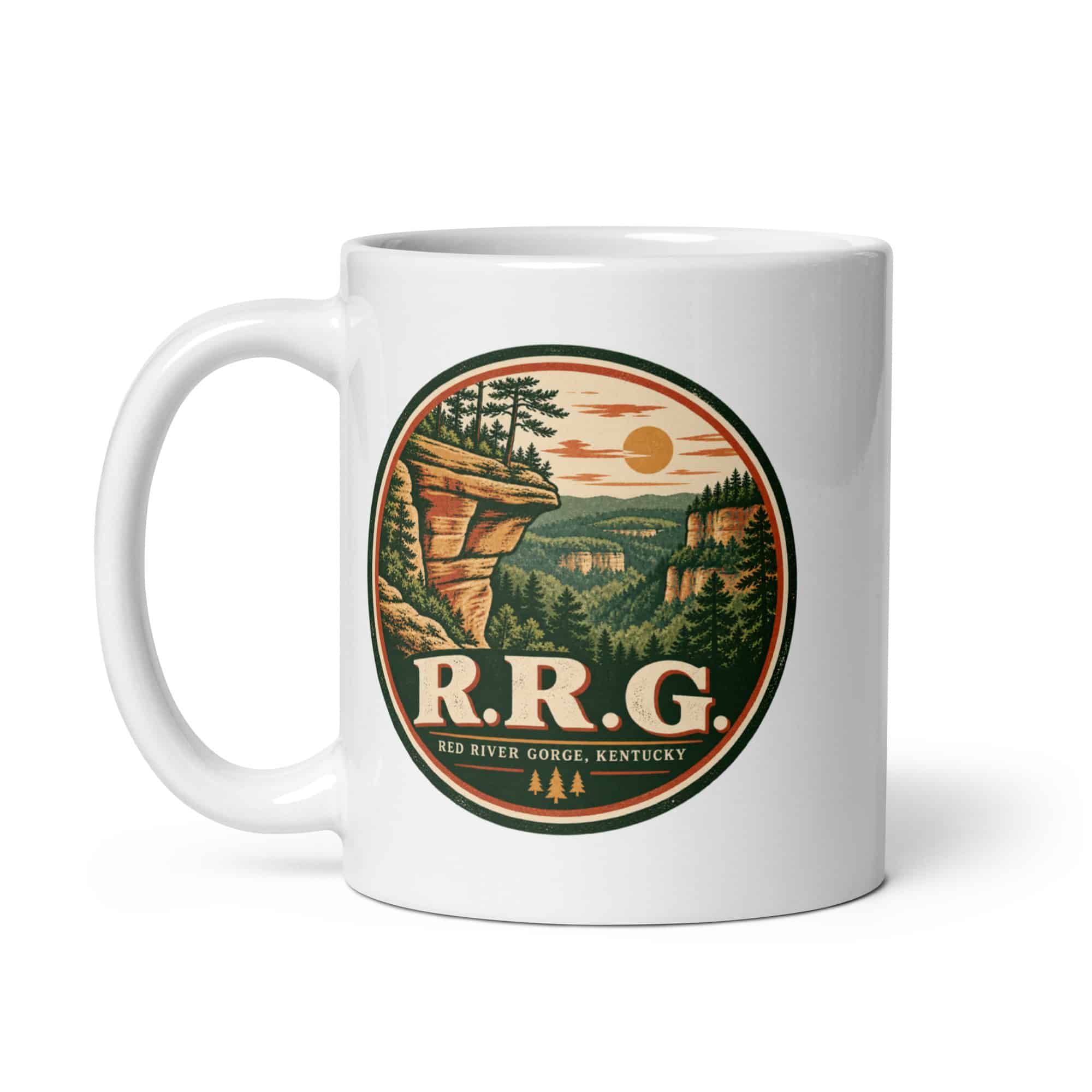 Red River Gorge White Ceramic Coffee Mug: R.R.G, Vintage Round Badge
