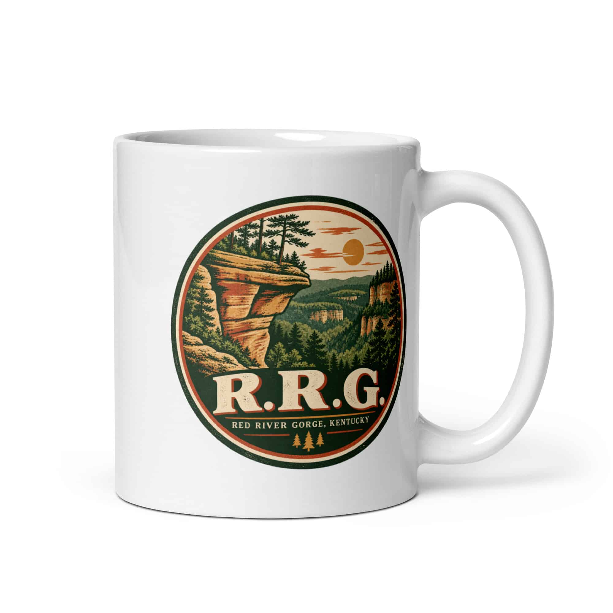 Red River Gorge White Ceramic Coffee Mug: R.R.G, Vintage Round Badge