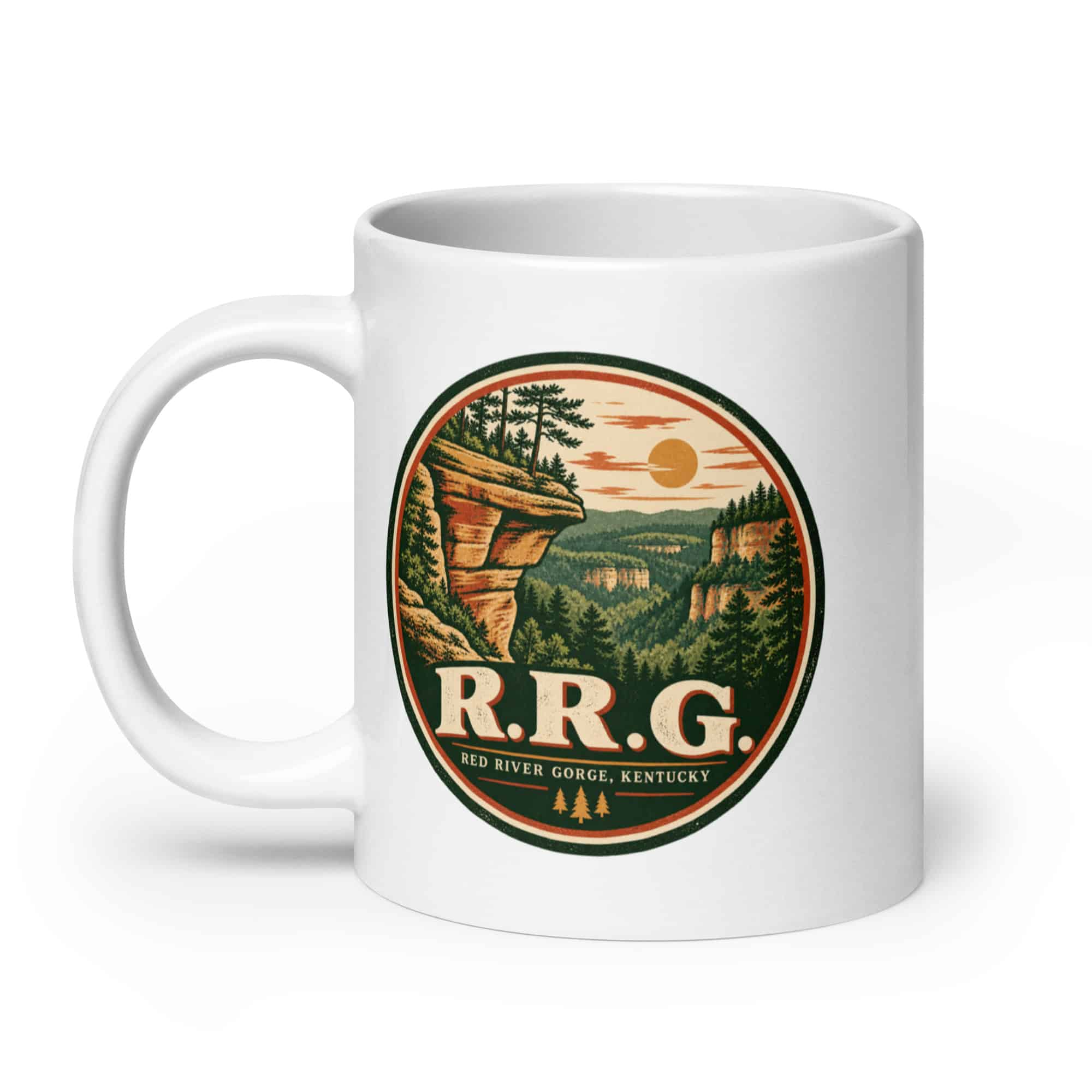 Red River Gorge White Ceramic Coffee Mug: R.R.G, Vintage Round Badge