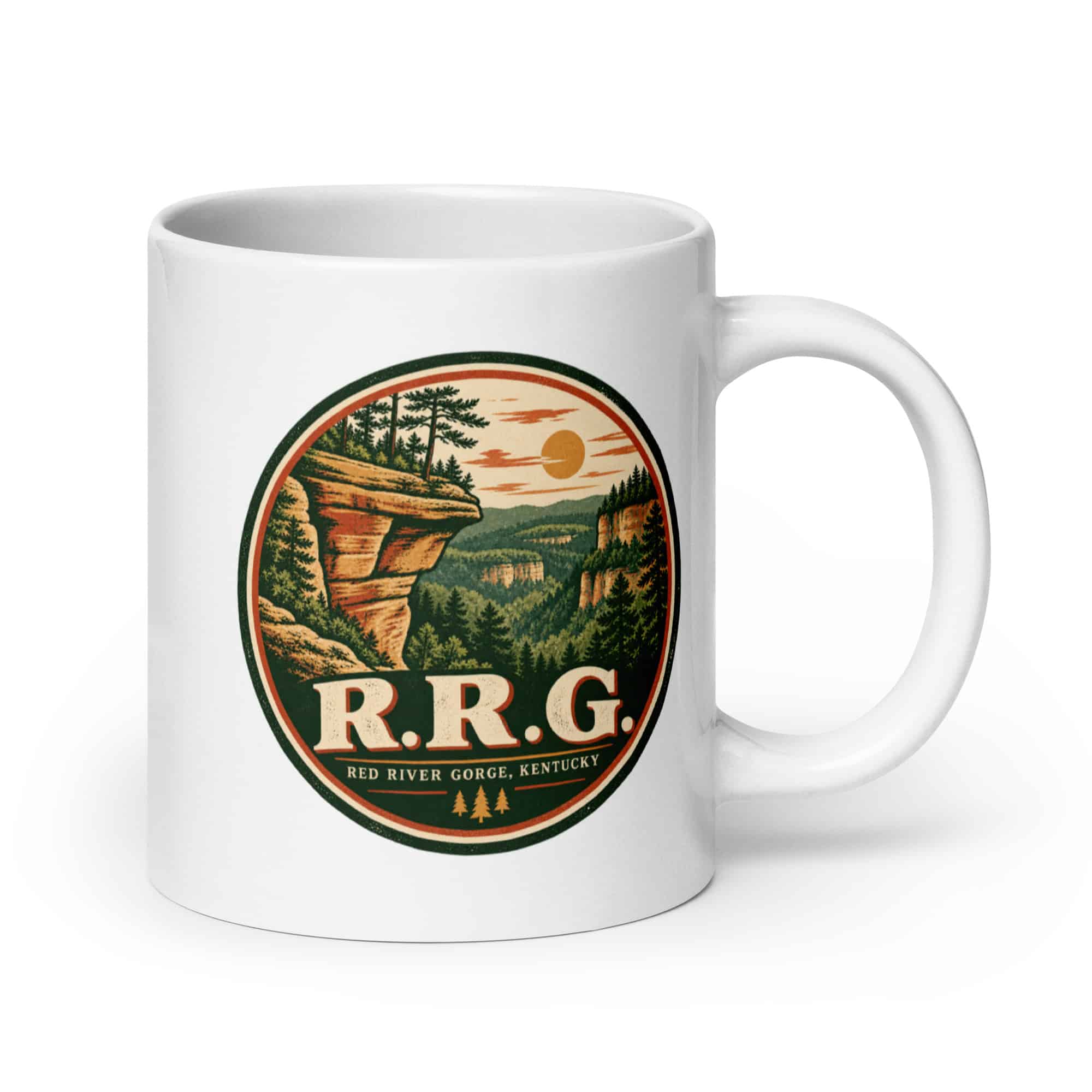 Red River Gorge White Ceramic Coffee Mug: R.R.G, Vintage Round Badge