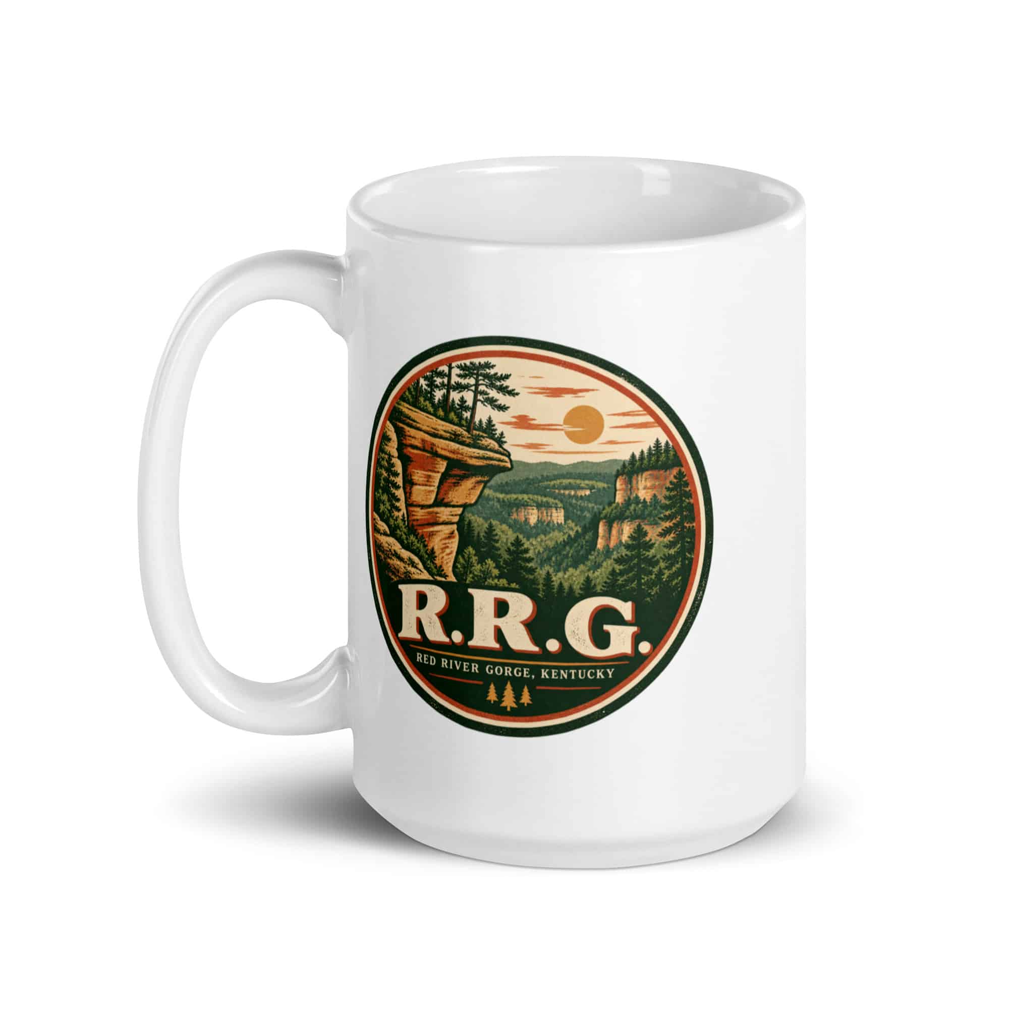 Red River Gorge White Ceramic Coffee Mug: R.R.G, Vintage Round Badge