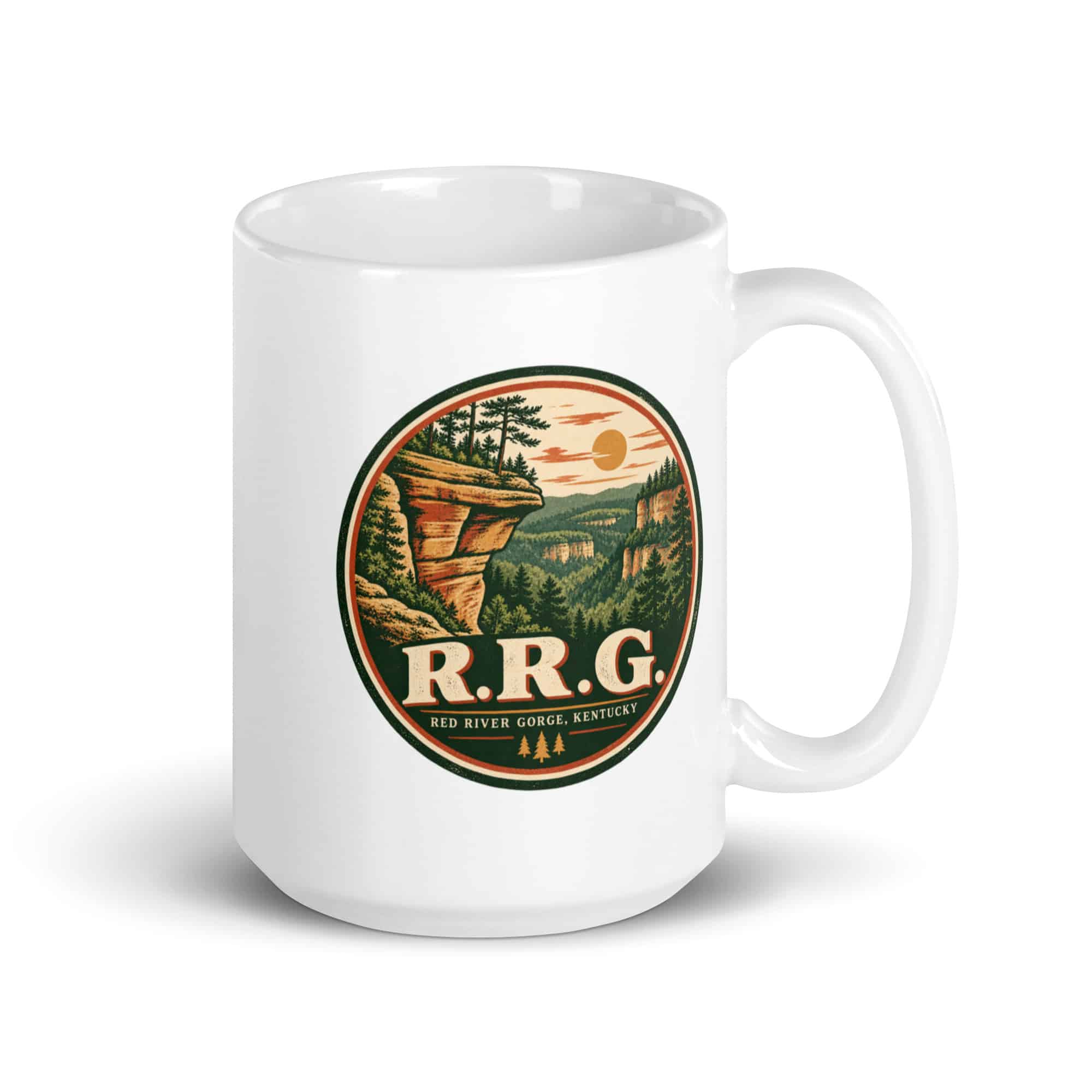 Red River Gorge White Ceramic Coffee Mug: R.R.G, Vintage Round Badge