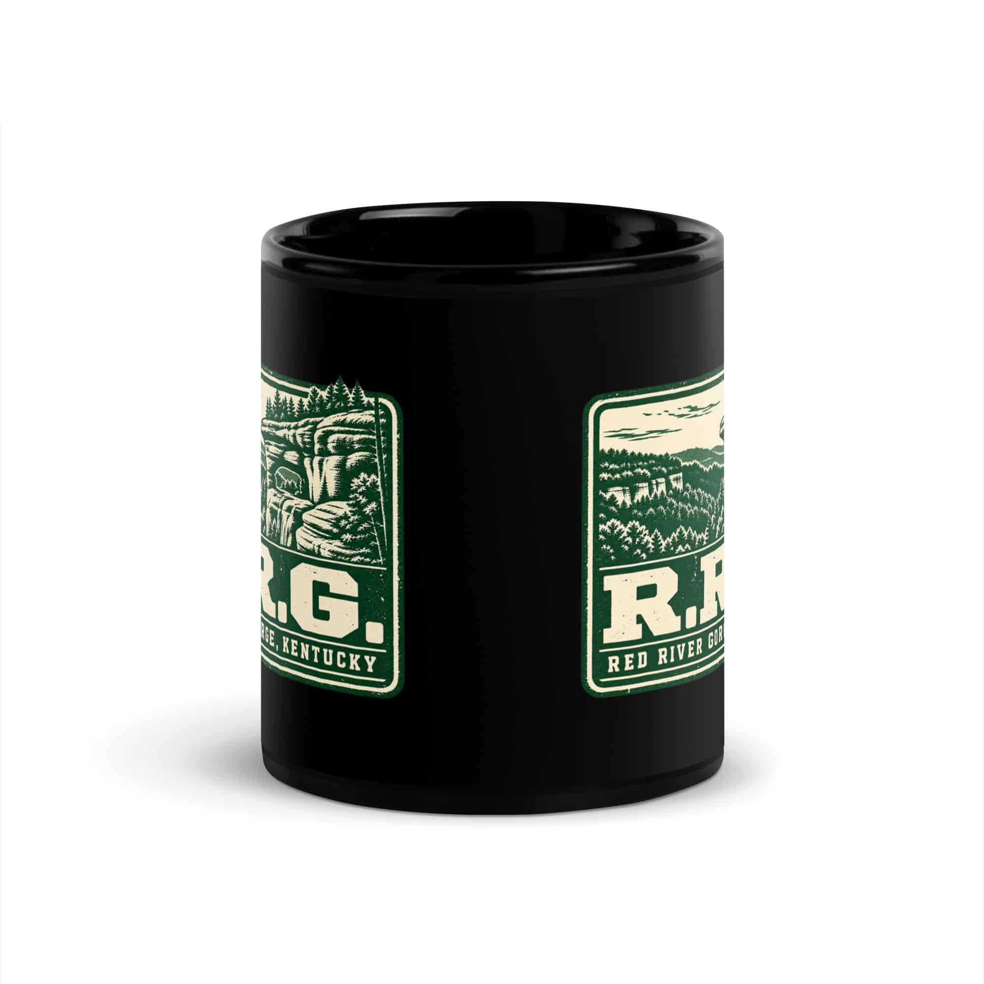 Red River Gorge Black Coffee Mug: R.R.G, Forest Ink Stamp