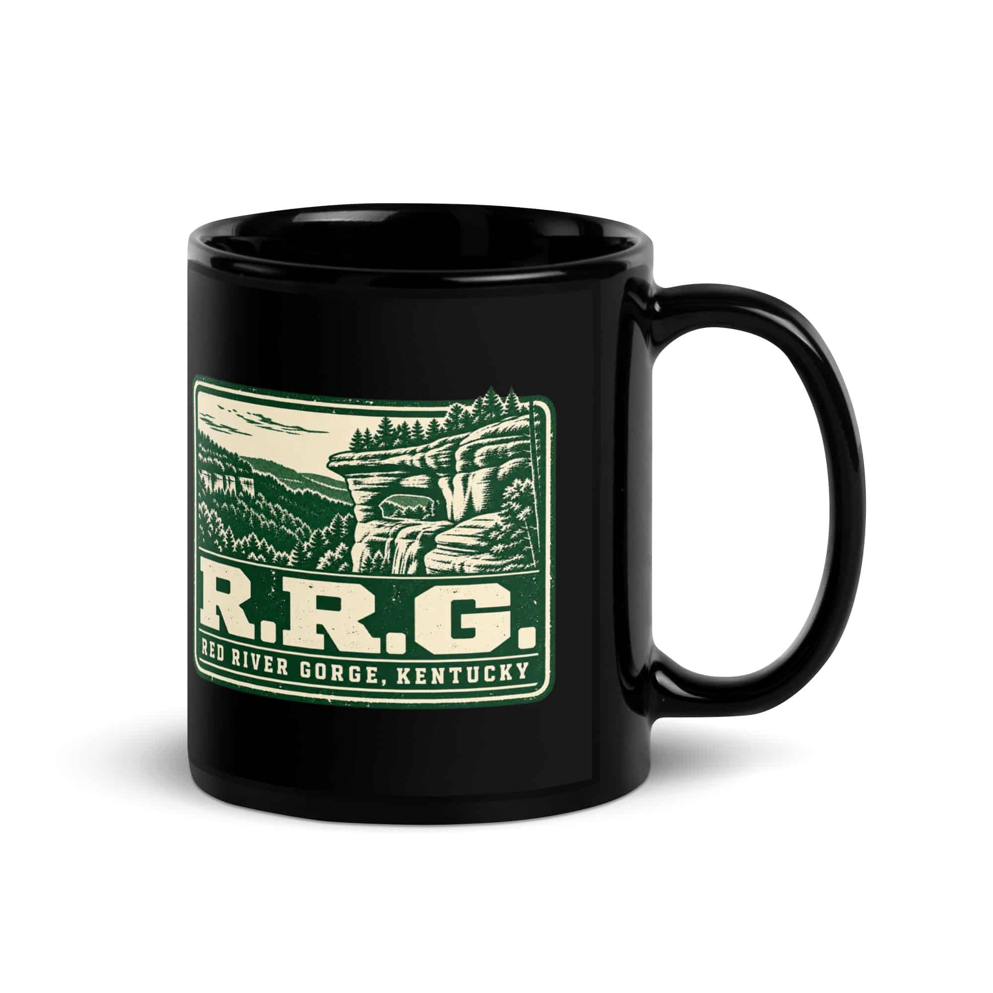 Red River Gorge Black Coffee Mug: R.R.G, Forest Ink Stamp