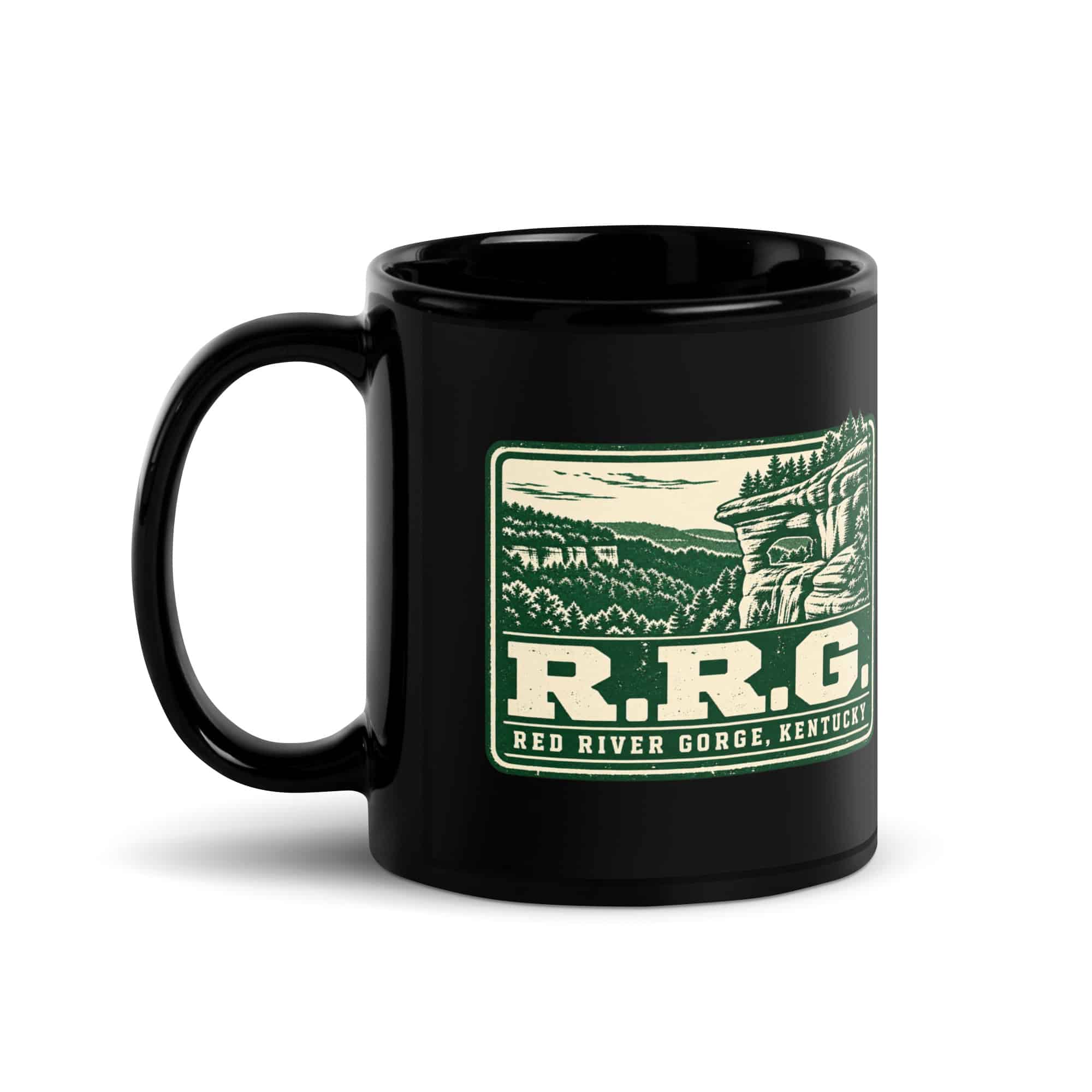 Red River Gorge Black Coffee Mug: R.R.G, Forest Ink Stamp