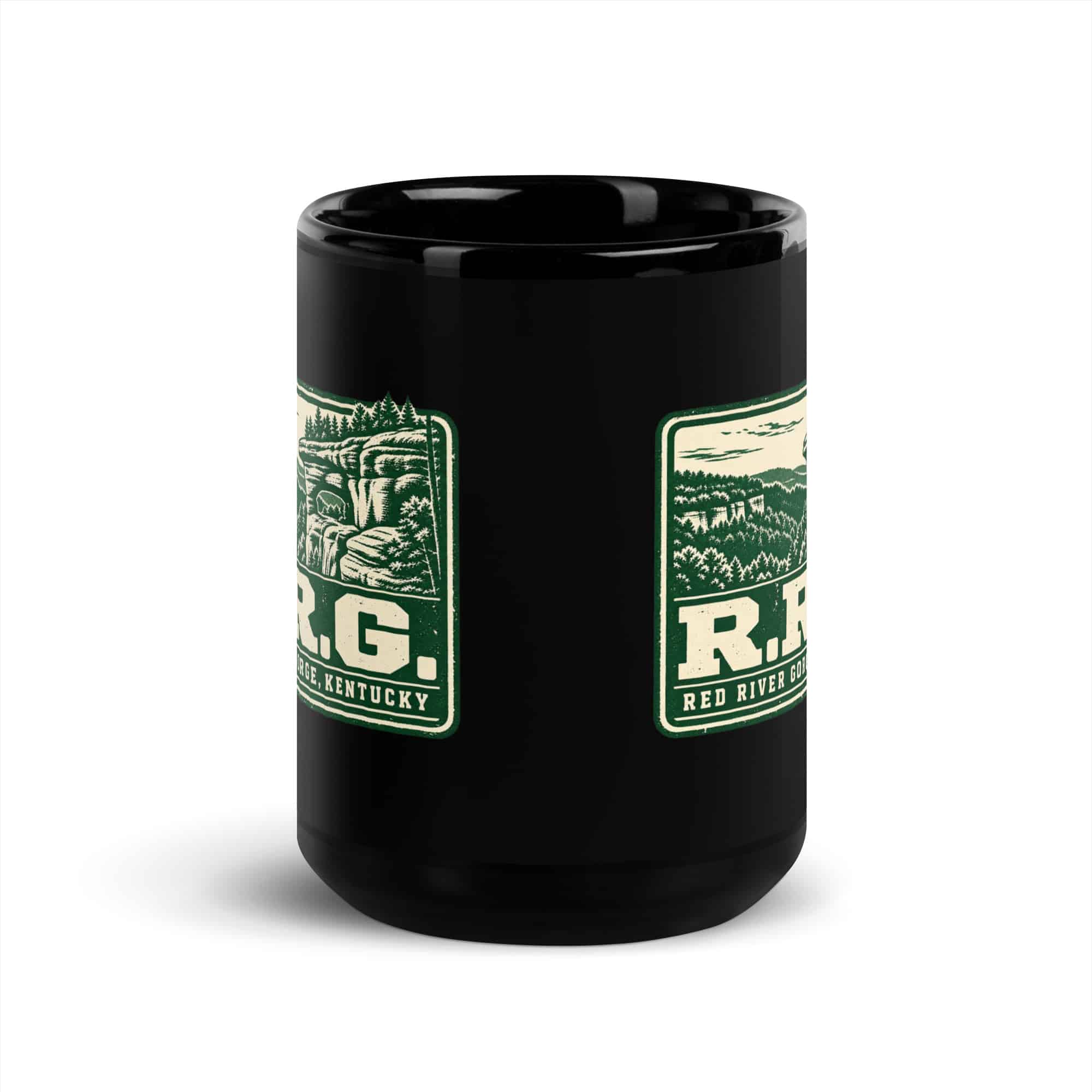 Red River Gorge Black Coffee Mug: R.R.G, Forest Ink Stamp