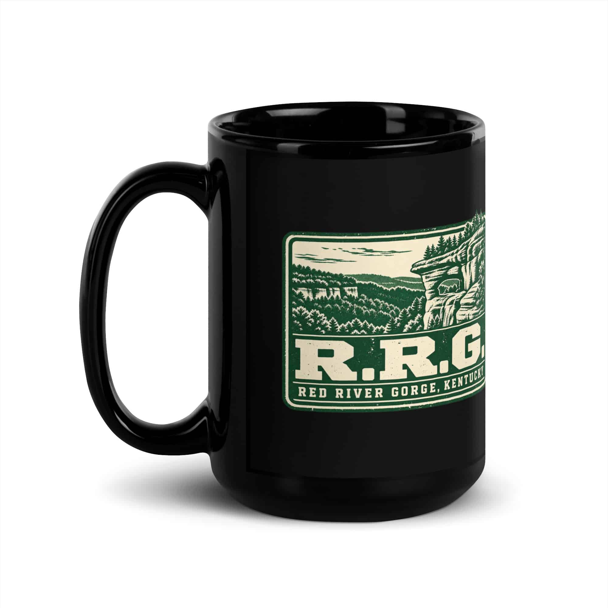 Red River Gorge Black Coffee Mug: R.R.G, Forest Ink Stamp