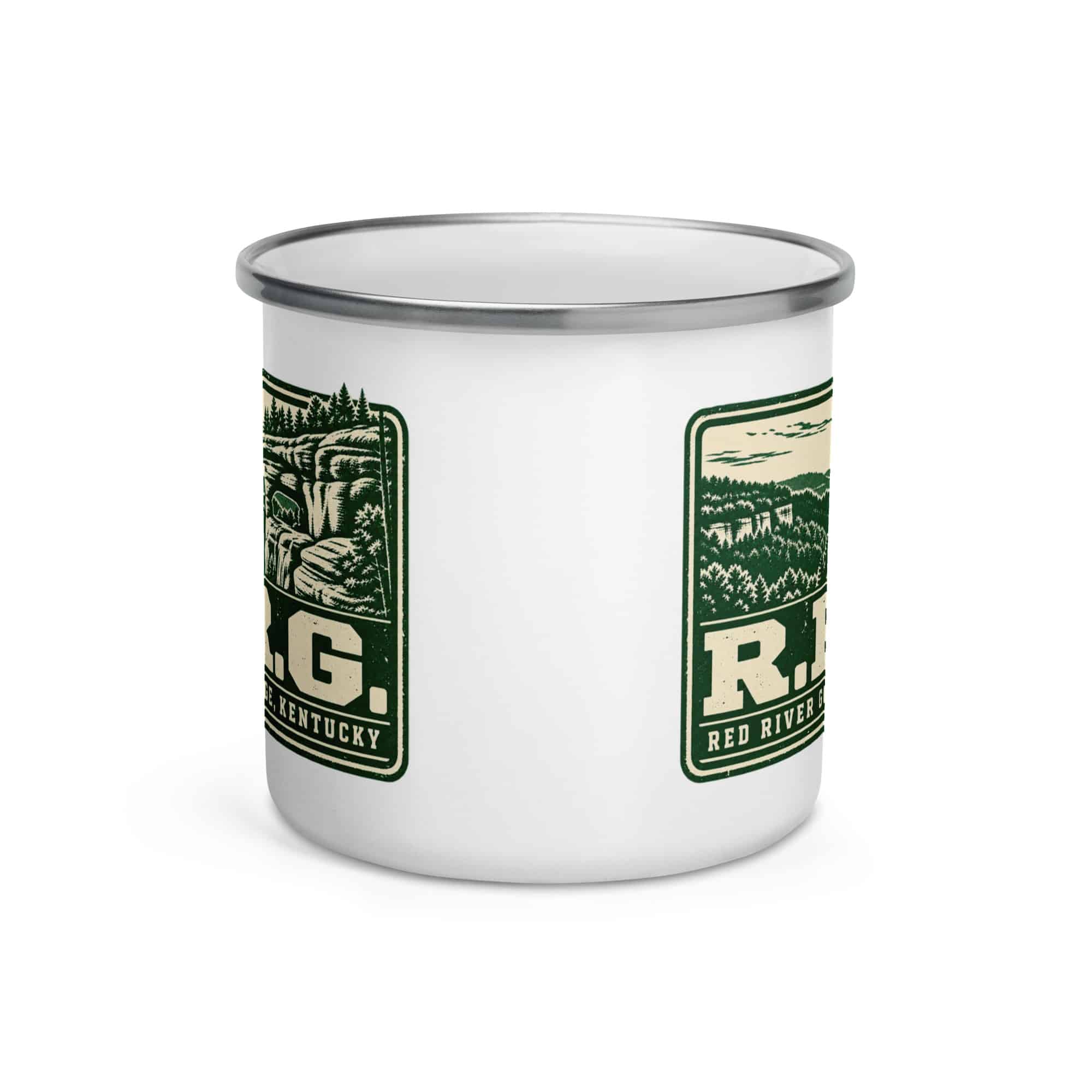 Red River Gorge Enamel Camp Mug: R.R.G, Forest Ink Stamp