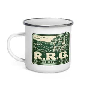 Red River Gorge Enamel Camp Mug: R.R.G, Forest Ink Stamp - 12 oz - Left