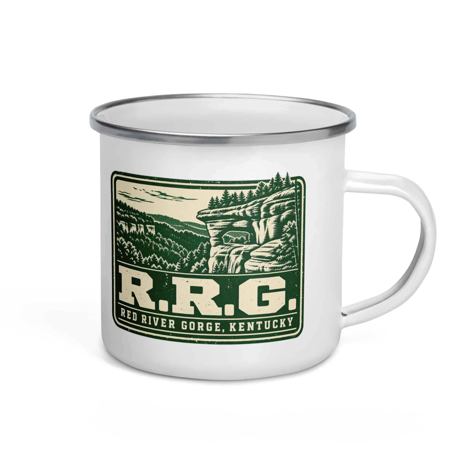 Red River Gorge Enamel Camp Mug: R.R.G, Forest Ink Stamp
