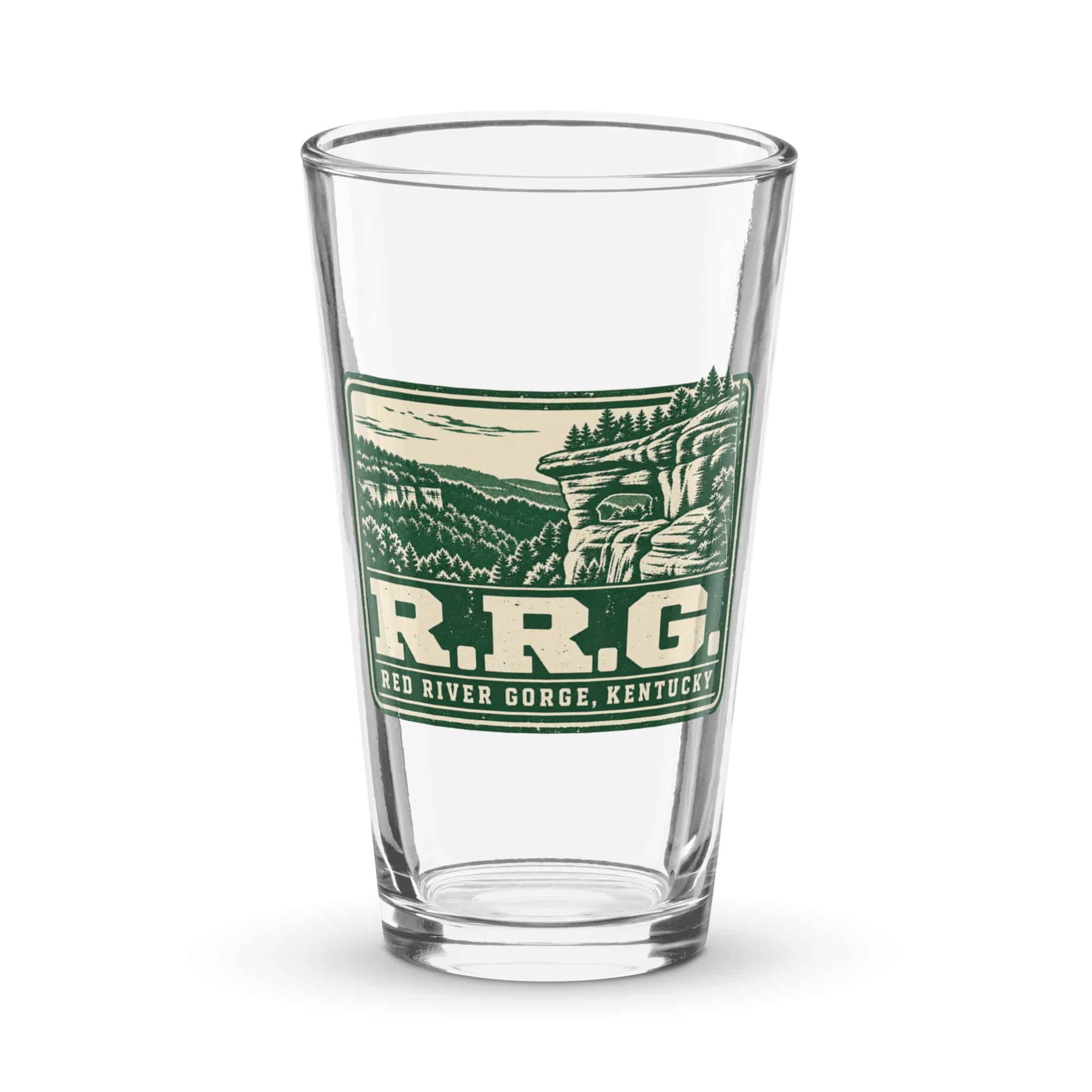 Red River Gorge Pint Glass: R.R.G, Forest Ink Stamp