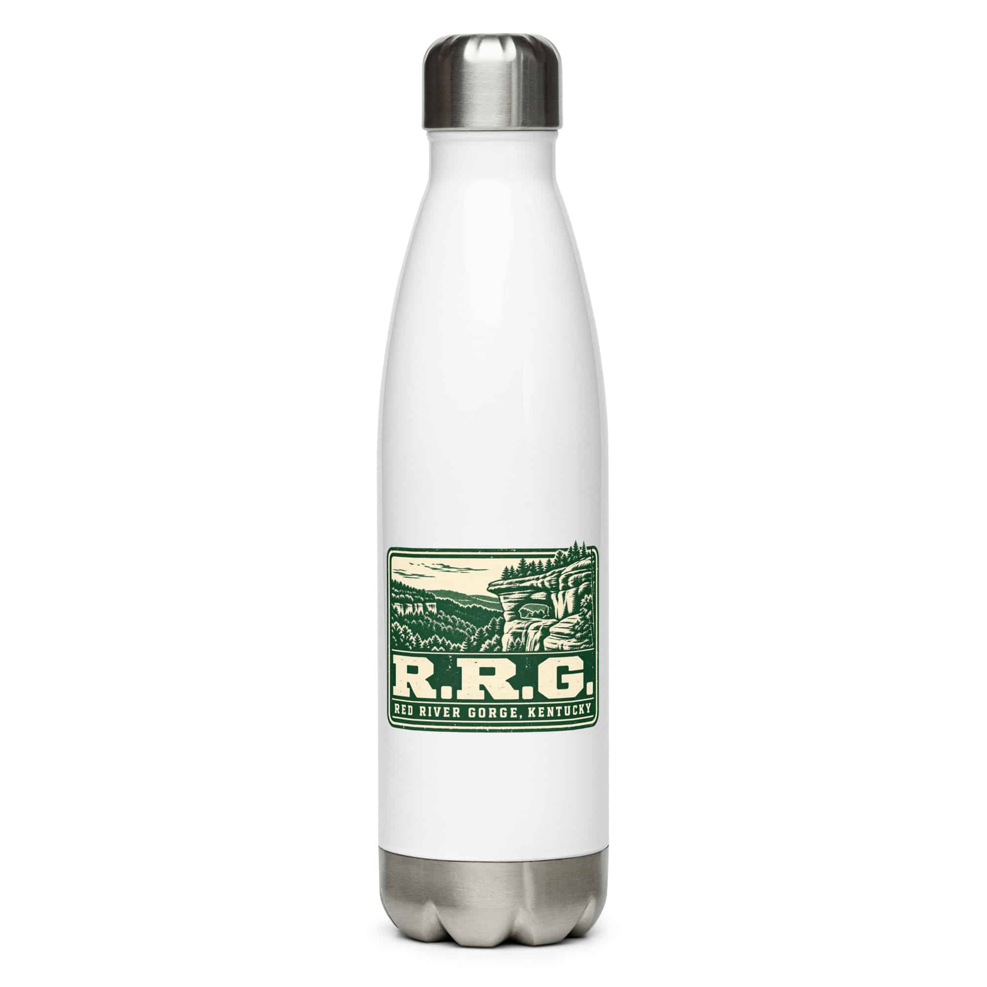 Red River Gorge Stainless Steel Water Bottle: R.R.G, Forest Ink Stamp