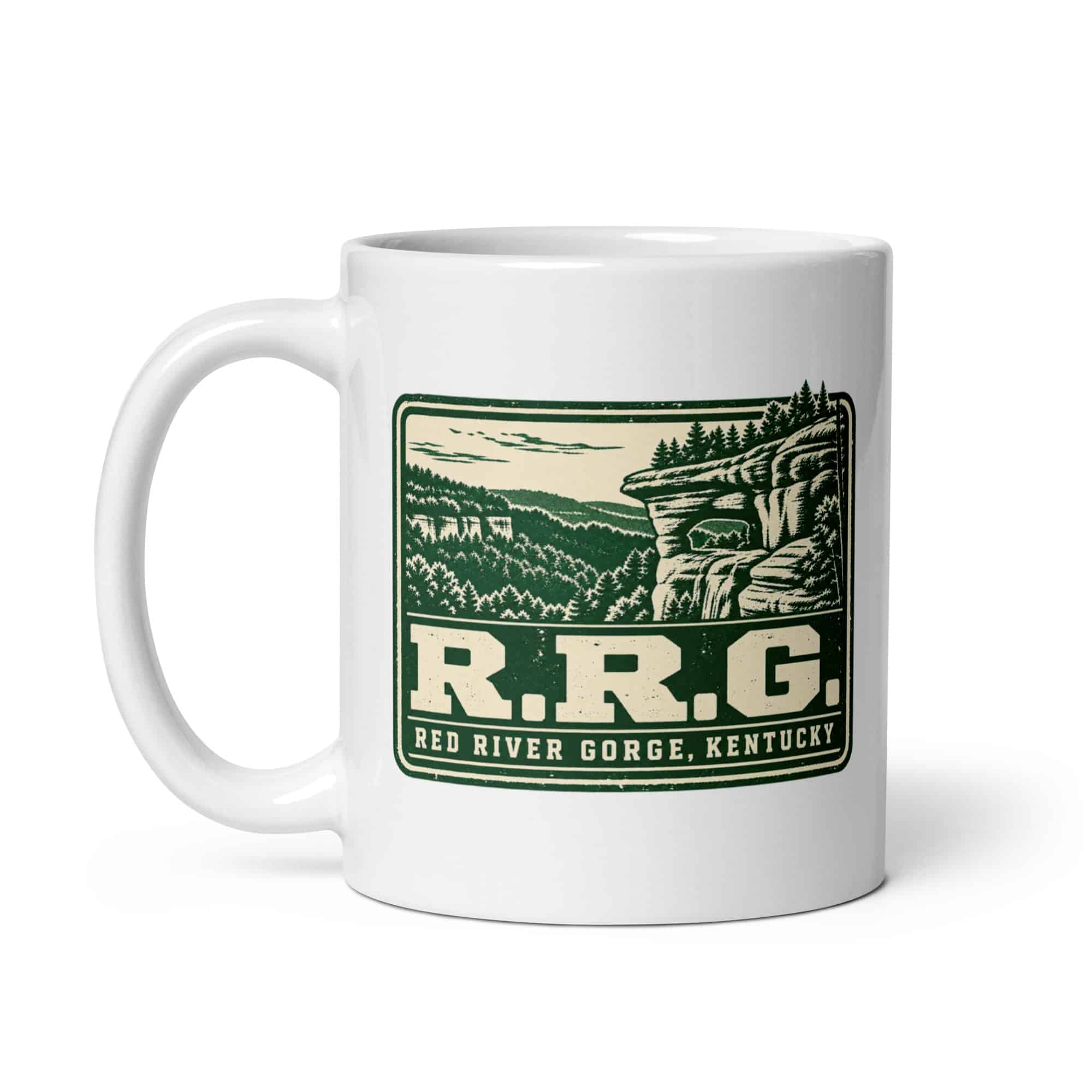 Red River Gorge White Ceramic Coffee Mug: R.R.G, Forest Ink Stamp