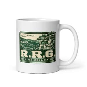 Red River Gorge White Ceramic Coffee Mug: R.R.G, Forest Ink Stamp - 11 oz - Main