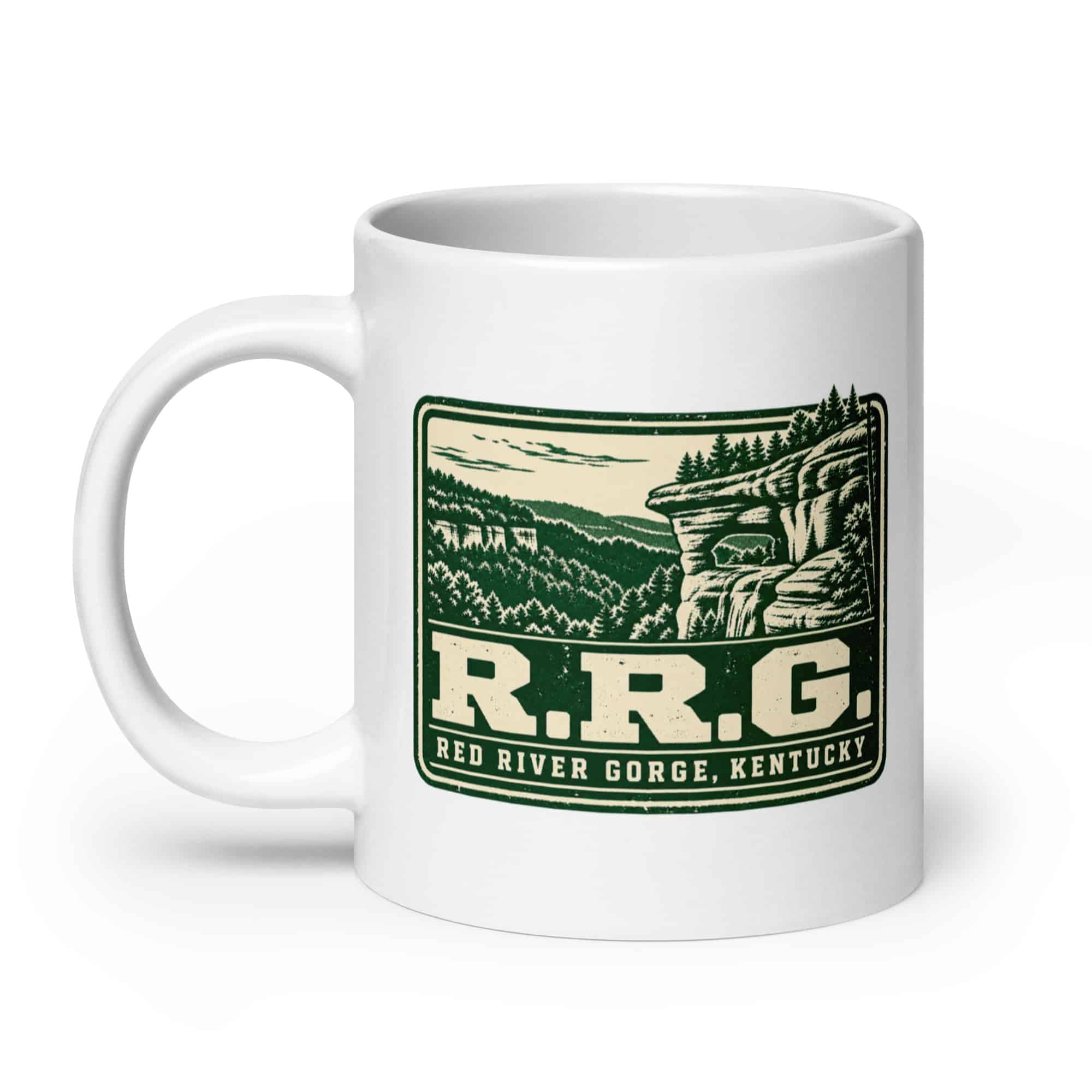 Red River Gorge White Ceramic Coffee Mug: R.R.G, Forest Ink Stamp