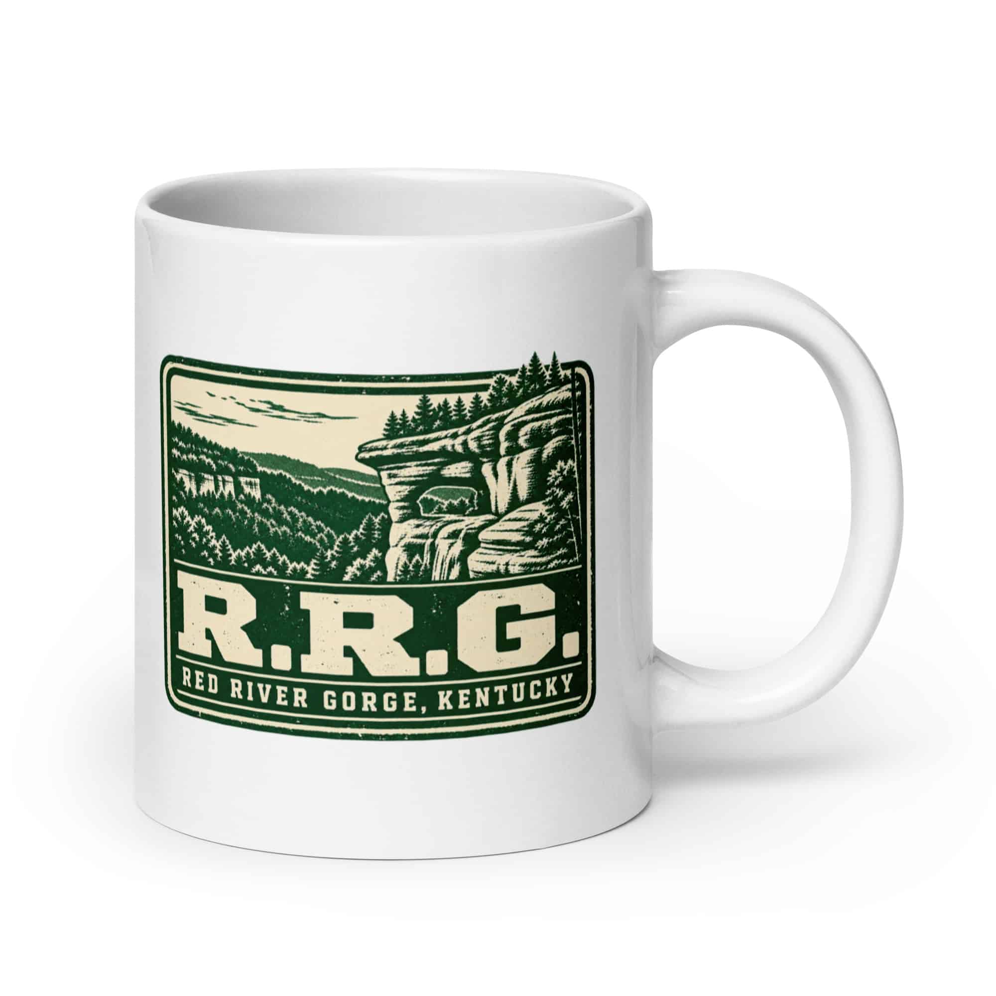 Red River Gorge White Ceramic Coffee Mug: R.R.G, Forest Ink Stamp