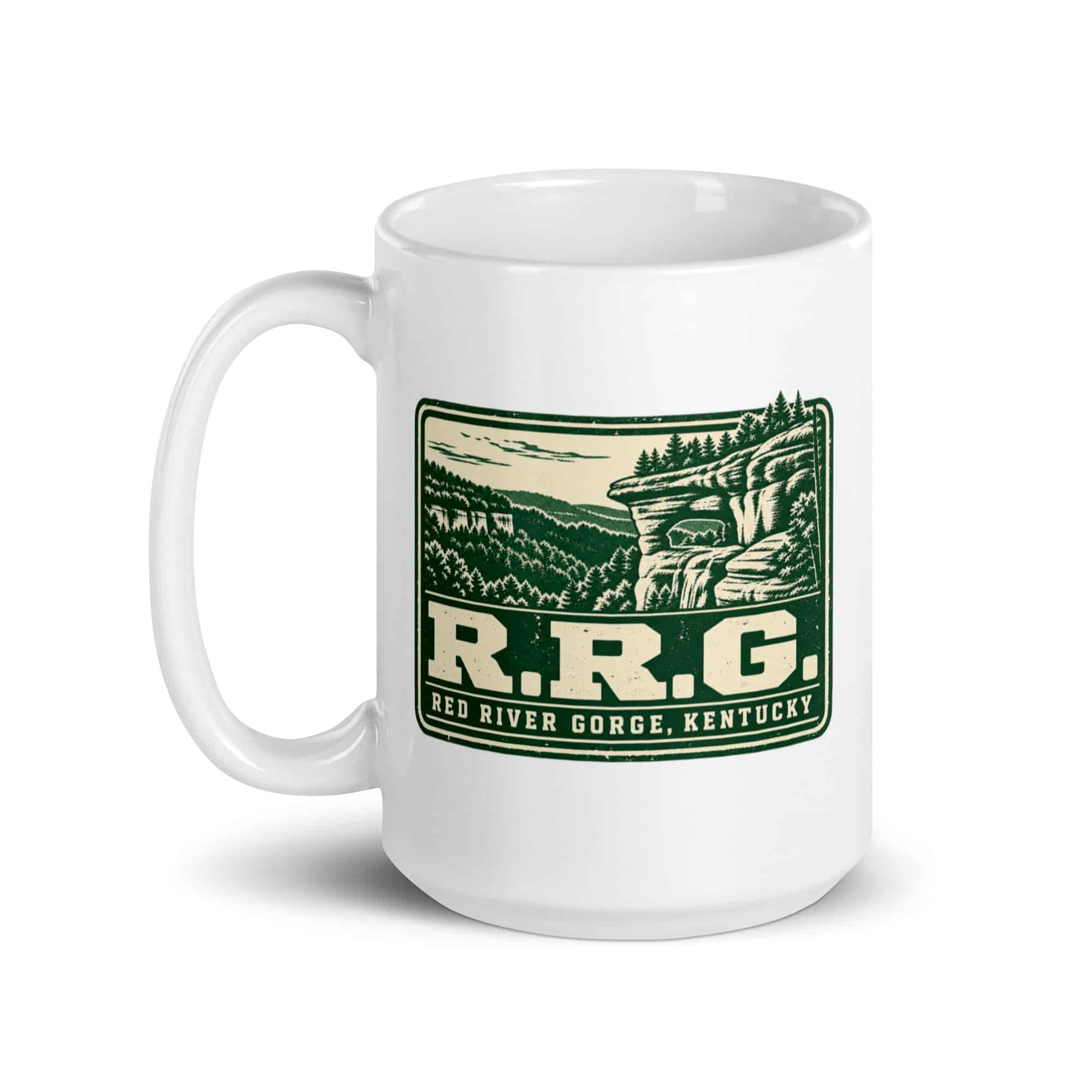 Red River Gorge White Ceramic Coffee Mug: R.R.G, Forest Ink Stamp