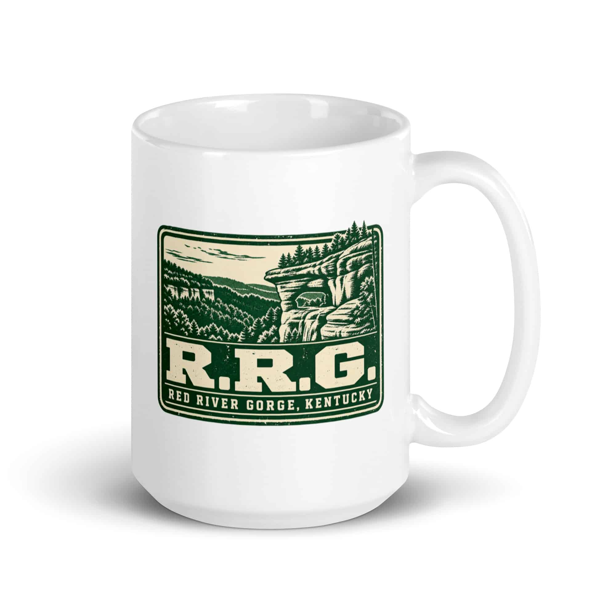 Red River Gorge White Ceramic Coffee Mug: R.R.G, Forest Ink Stamp