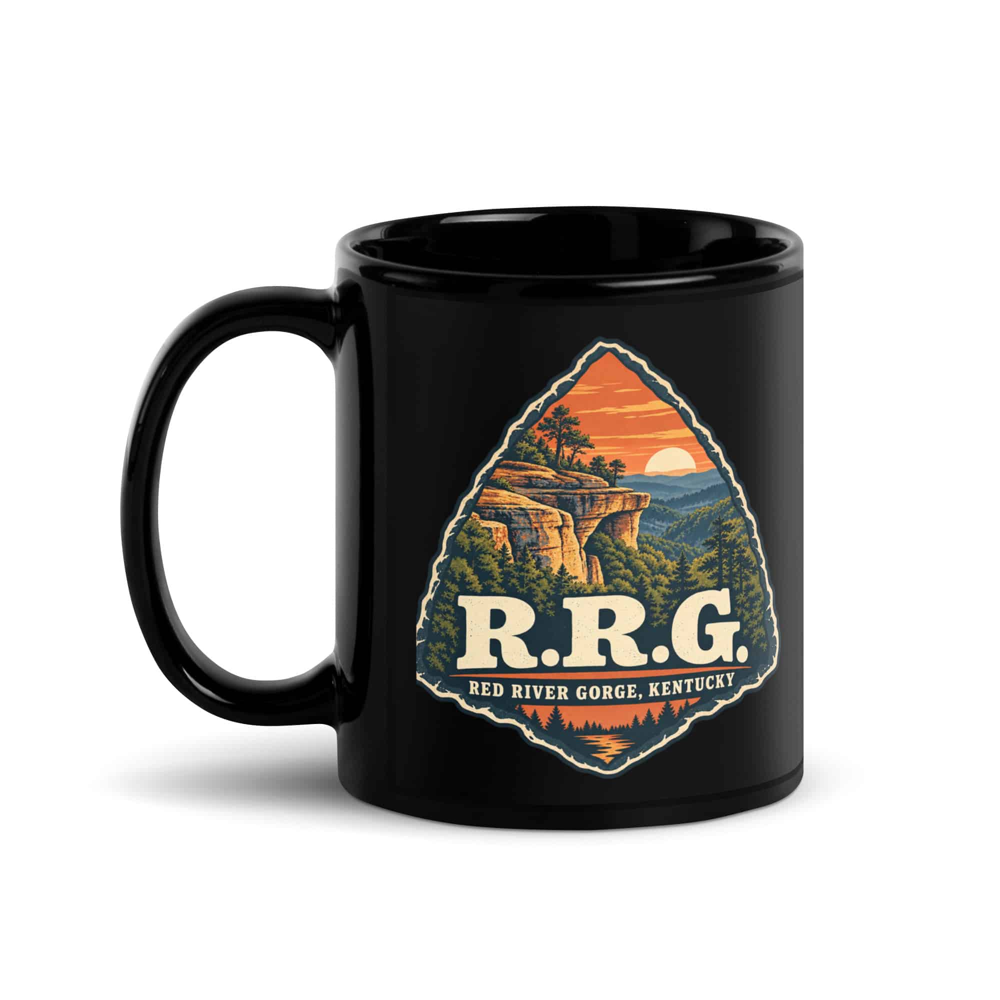 Red River Gorge Black Coffee Mug: R.R.G, Scenic Shield Badge