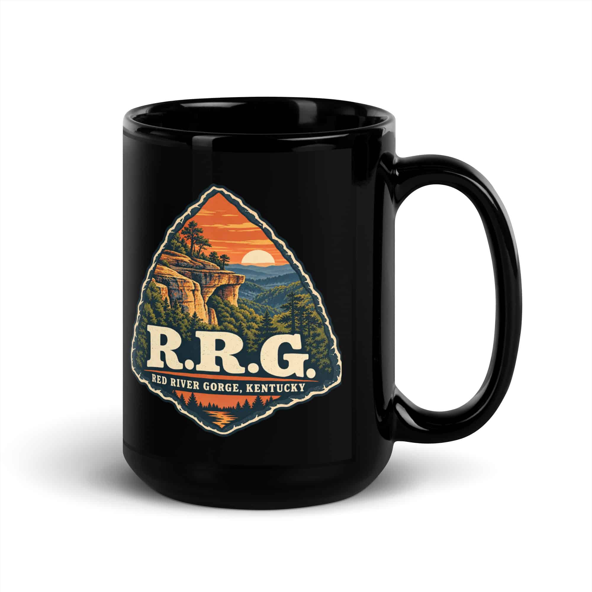 Red River Gorge Black Coffee Mug: R.R.G, Scenic Shield Badge