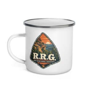 Red River Gorge Enamel Camp Mug: R.R.G, Scenic Shield Badge - 12 oz - Left