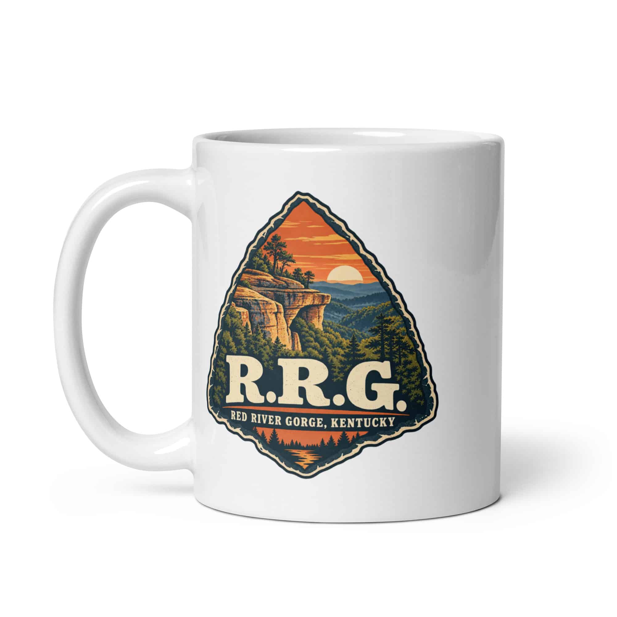 Red River Gorge White Ceramic Coffee Mug: R.R.G, Scenic Shield Badge
