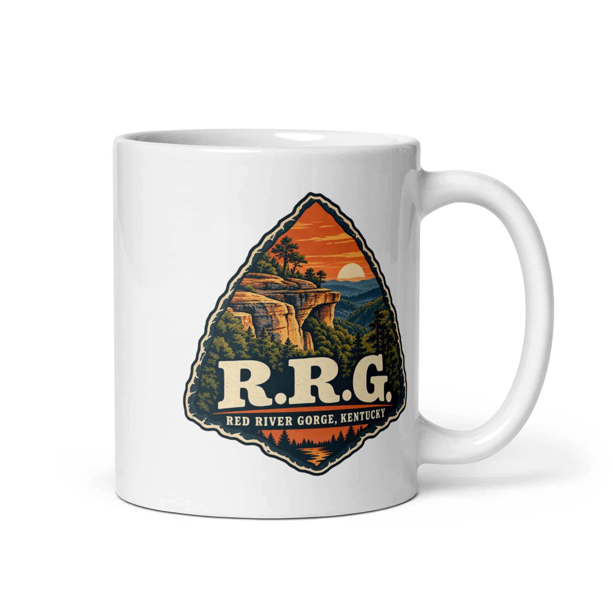 Red River Gorge White Ceramic Coffee Mug: R.R.G, Scenic Shield Badge