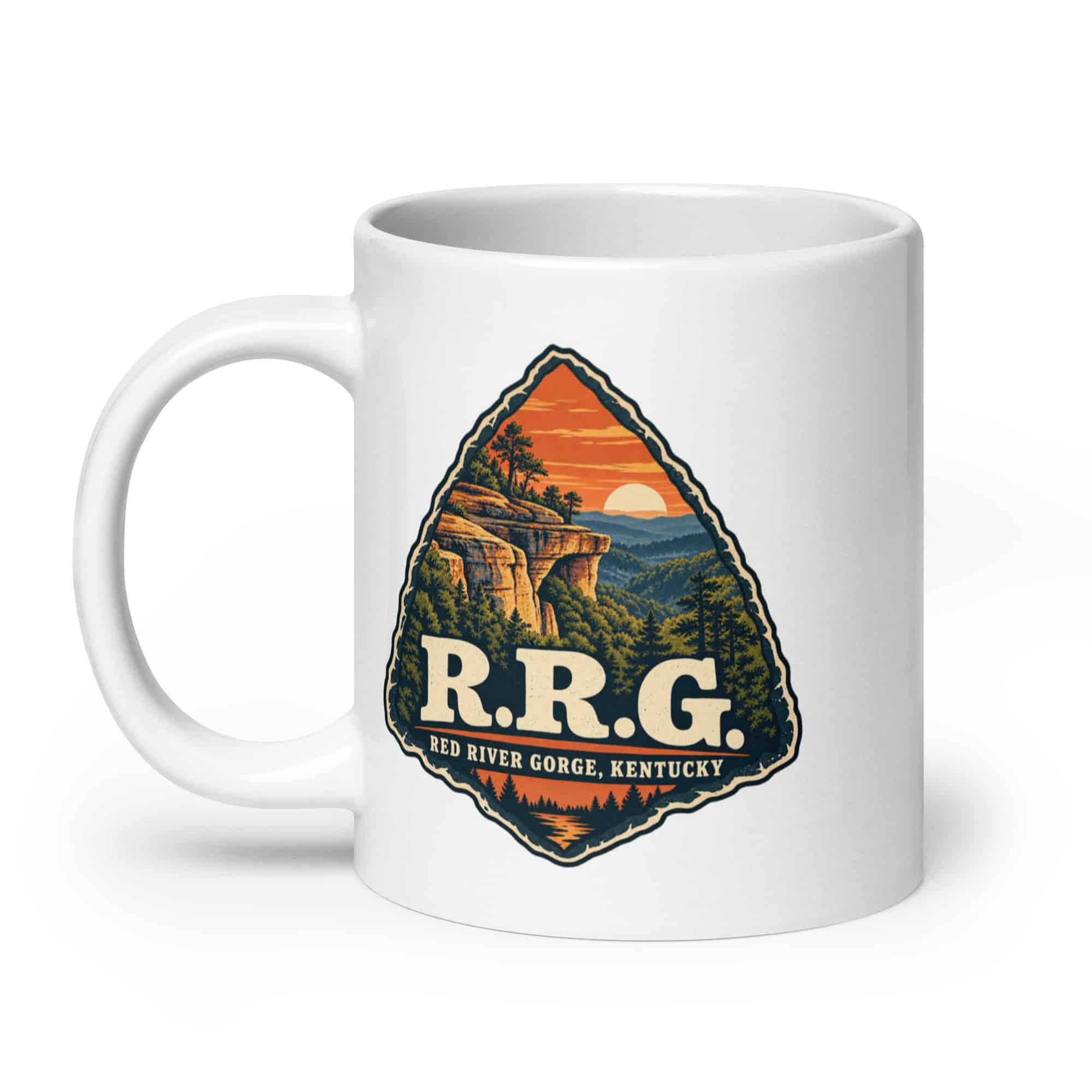 Red River Gorge White Ceramic Coffee Mug: R.R.G, Scenic Shield Badge