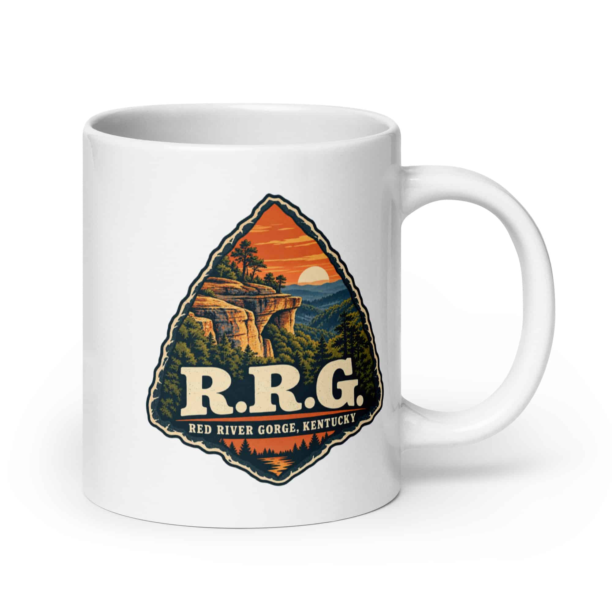 Red River Gorge White Ceramic Coffee Mug: R.R.G, Scenic Shield Badge