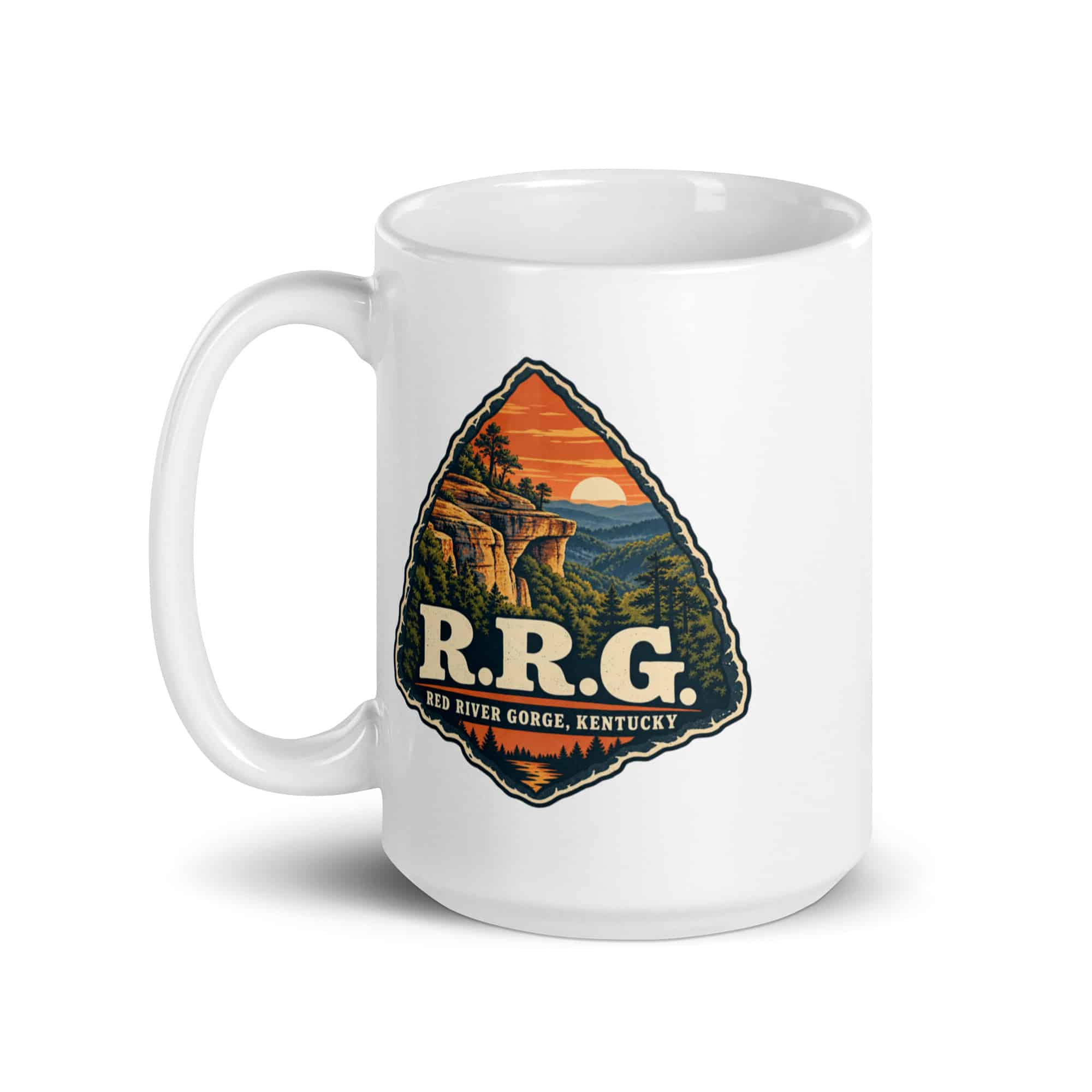 Red River Gorge White Ceramic Coffee Mug: R.R.G, Scenic Shield Badge