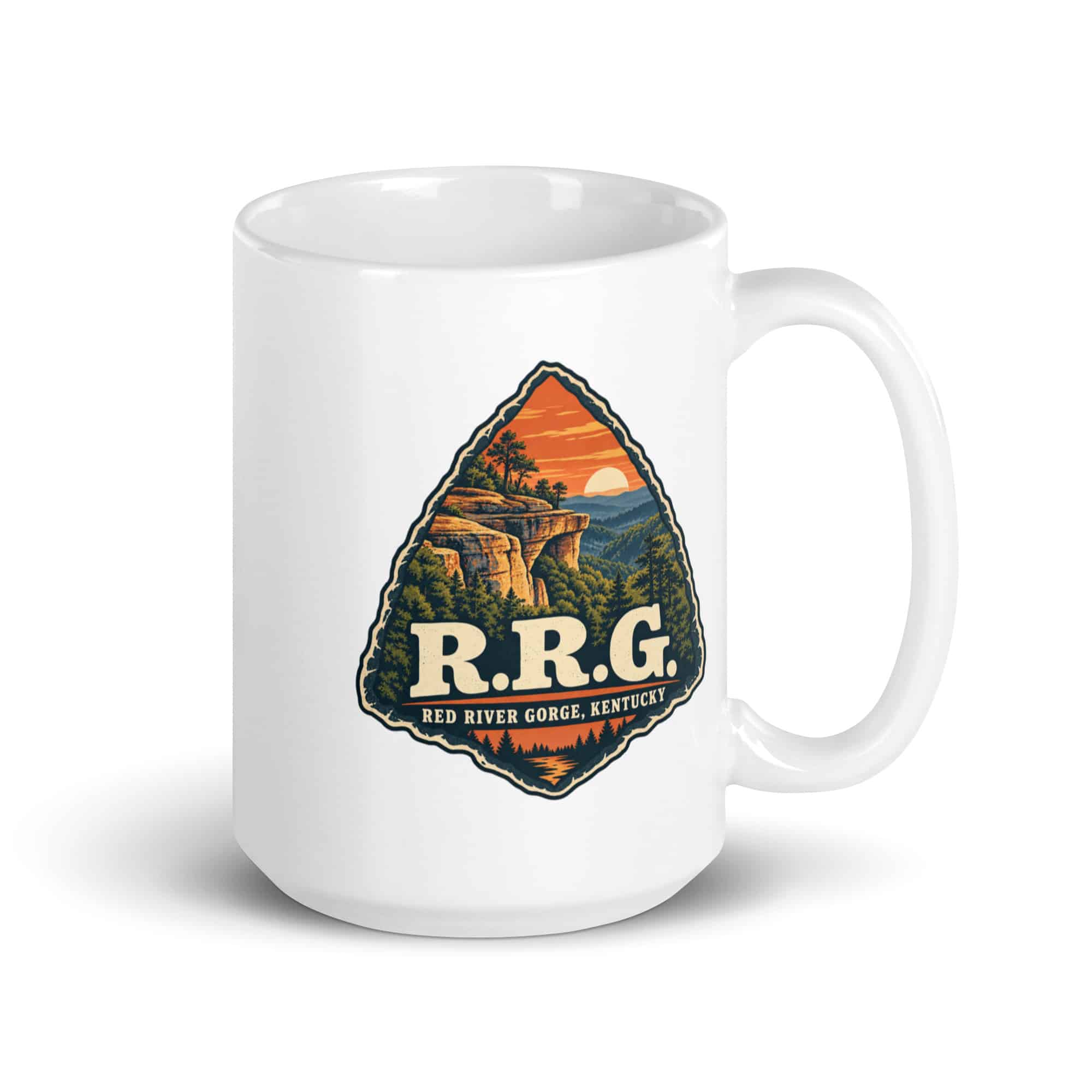 Red River Gorge White Ceramic Coffee Mug: R.R.G, Scenic Shield Badge