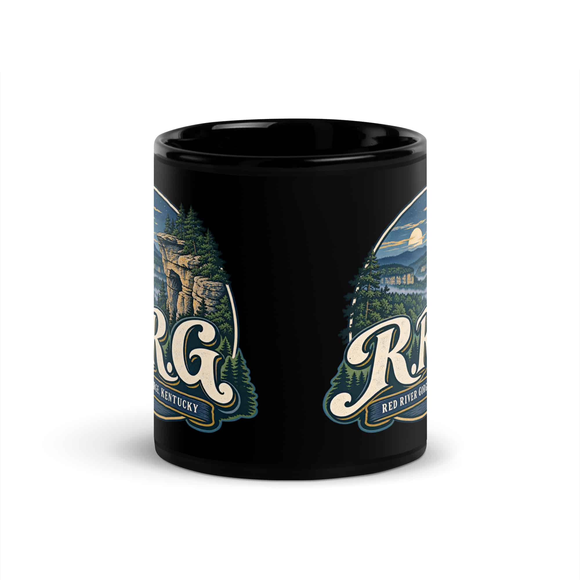Red River Gorge Black Coffee Mug: R.R.G, Woodland Scenic Lettering