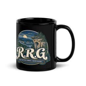 Red River Gorge Black Coffee Mug: R.R.G, Woodland Scenic Lettering - 11 oz - Handle on Right