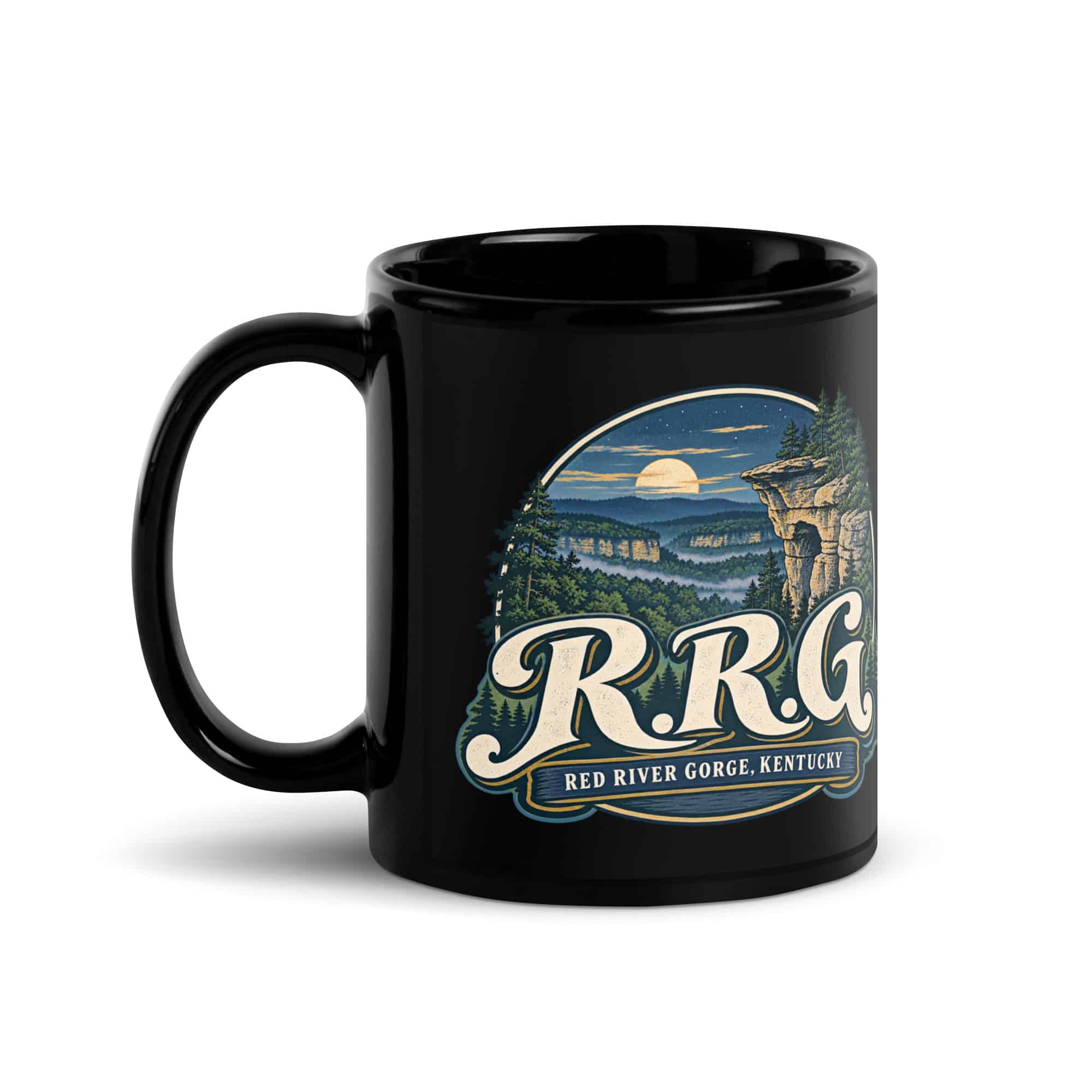 Red River Gorge Black Coffee Mug: R.R.G, Woodland Scenic Lettering
