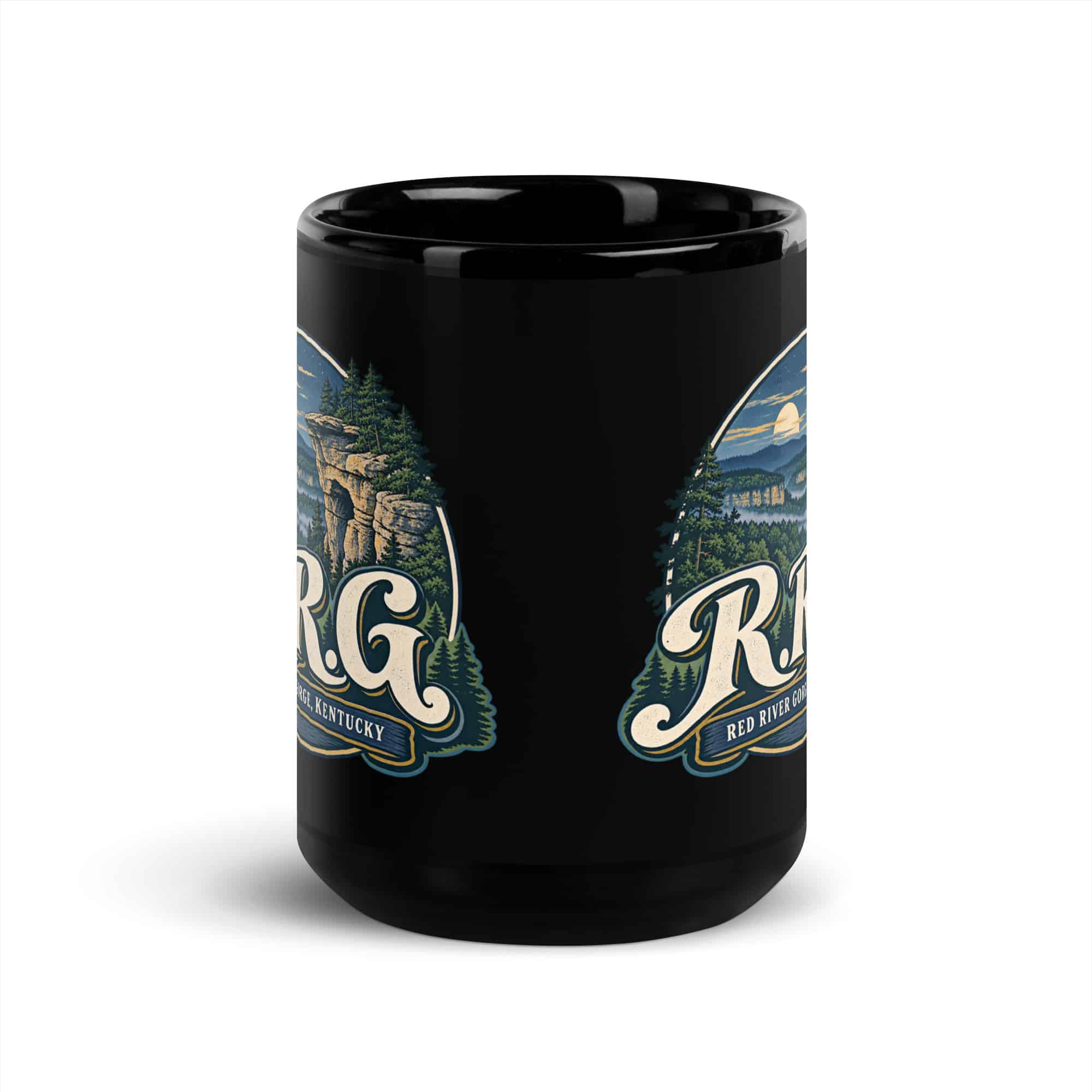Red River Gorge Black Coffee Mug: R.R.G, Woodland Scenic Lettering