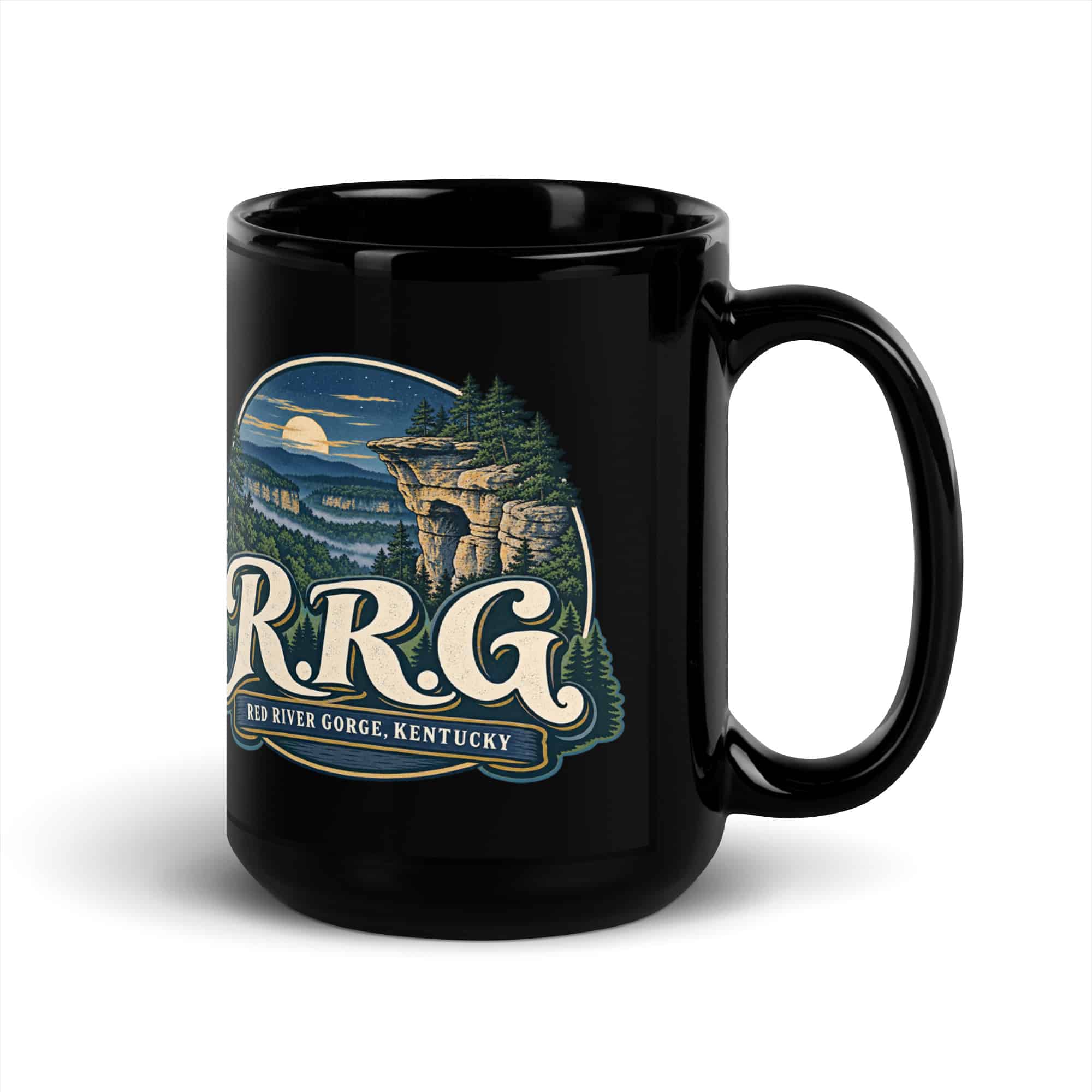 Red River Gorge Black Coffee Mug: R.R.G, Woodland Scenic Lettering