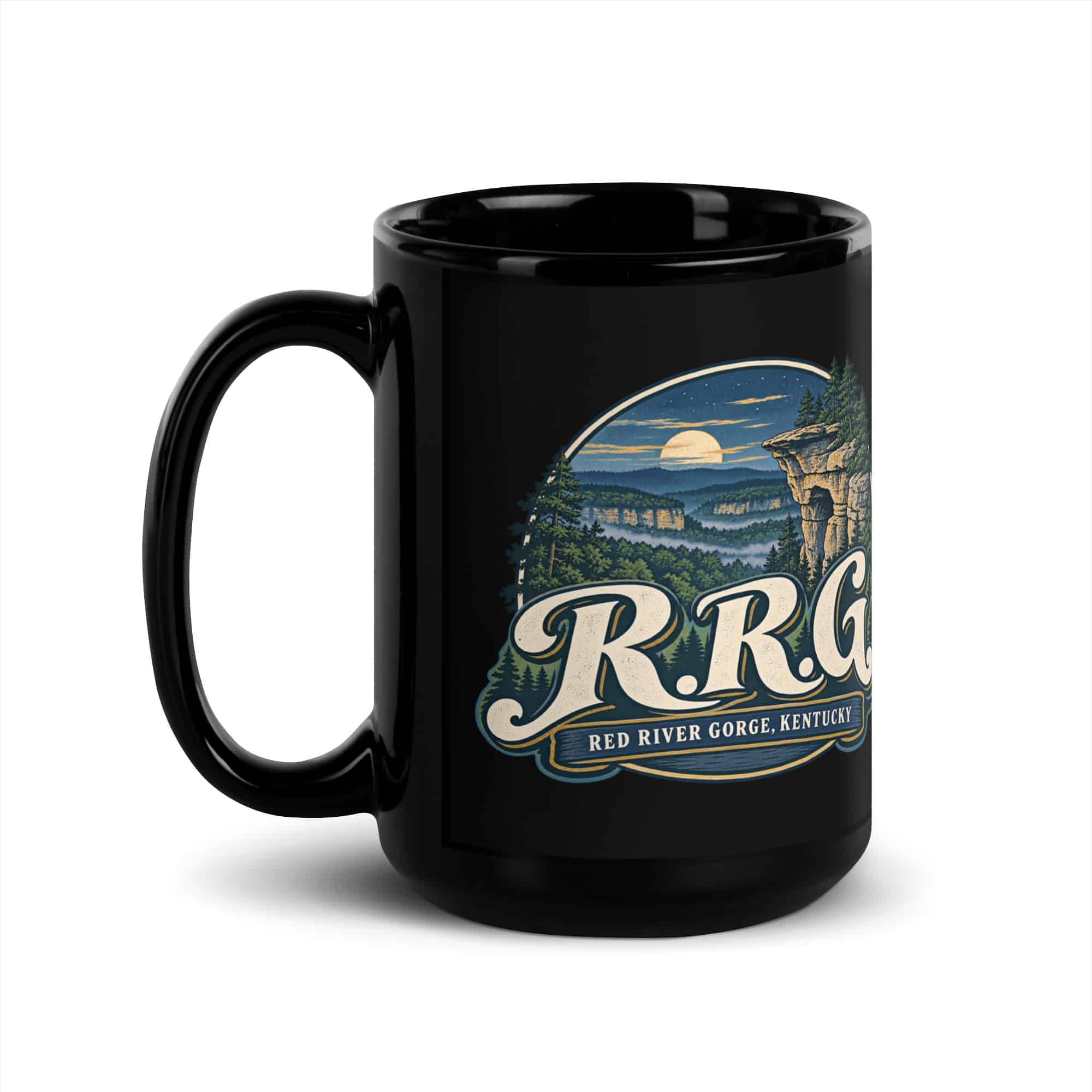 Red River Gorge Black Coffee Mug: R.R.G, Woodland Scenic Lettering