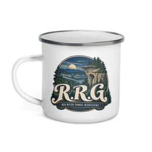 Red River Gorge Enamel Camp Mug: R.R.G, Woodland Scenic Lettering - 12 oz - Left