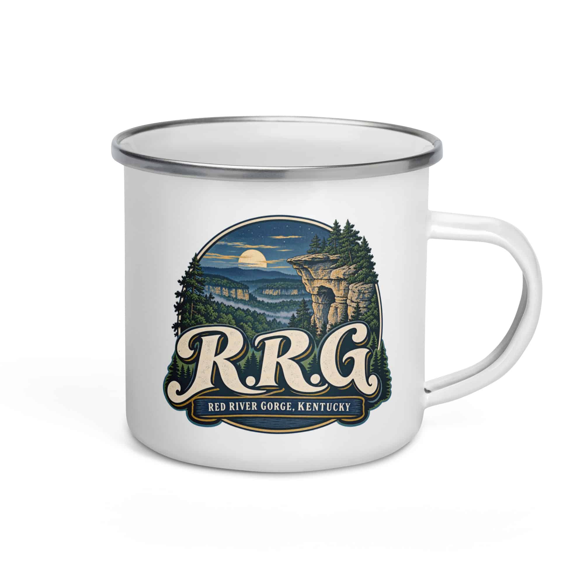 Red River Gorge Enamel Camp Mug: R.R.G, Woodland Scenic Lettering