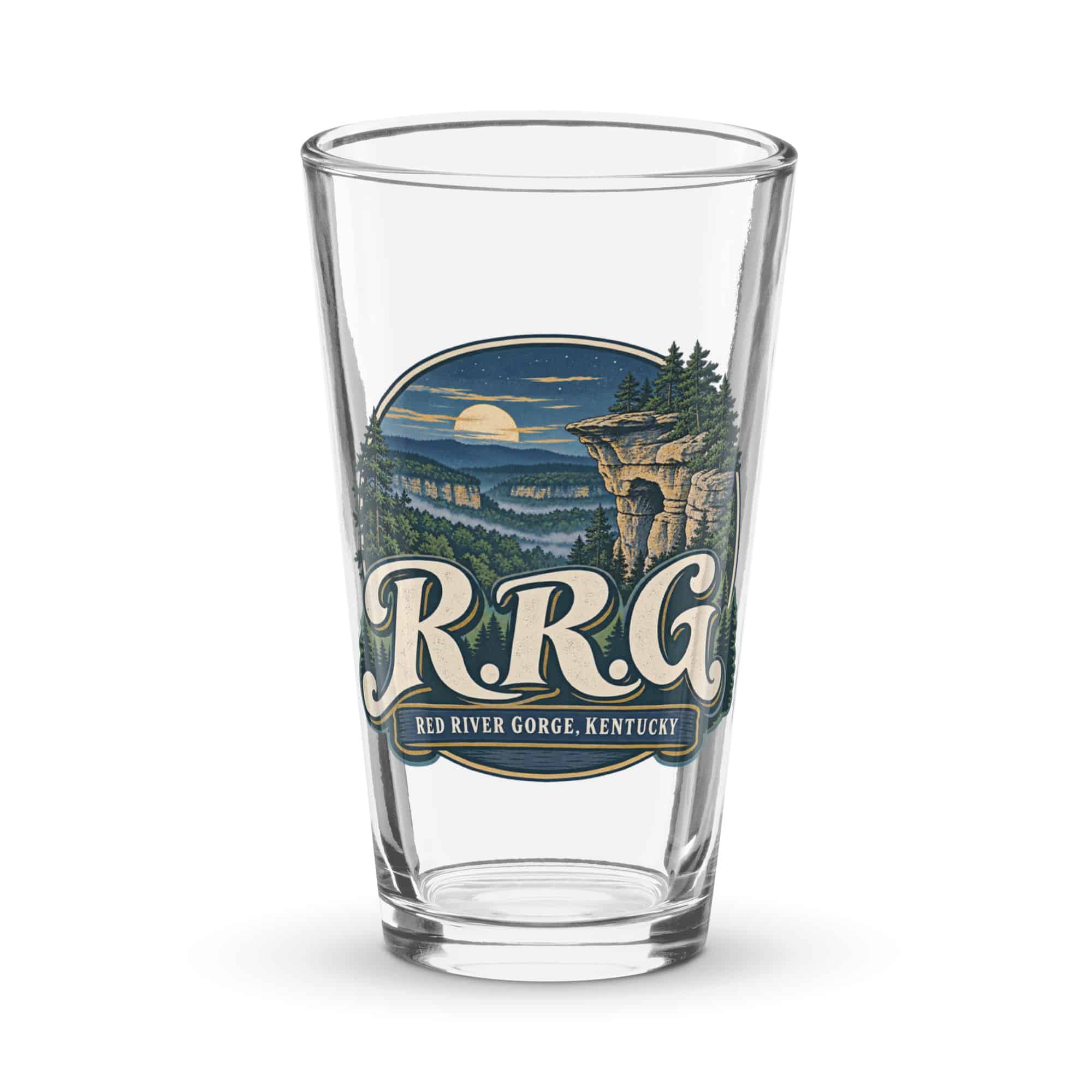 Red River Gorge Pint Glass: R.R.G, Woodland Scenic Lettering